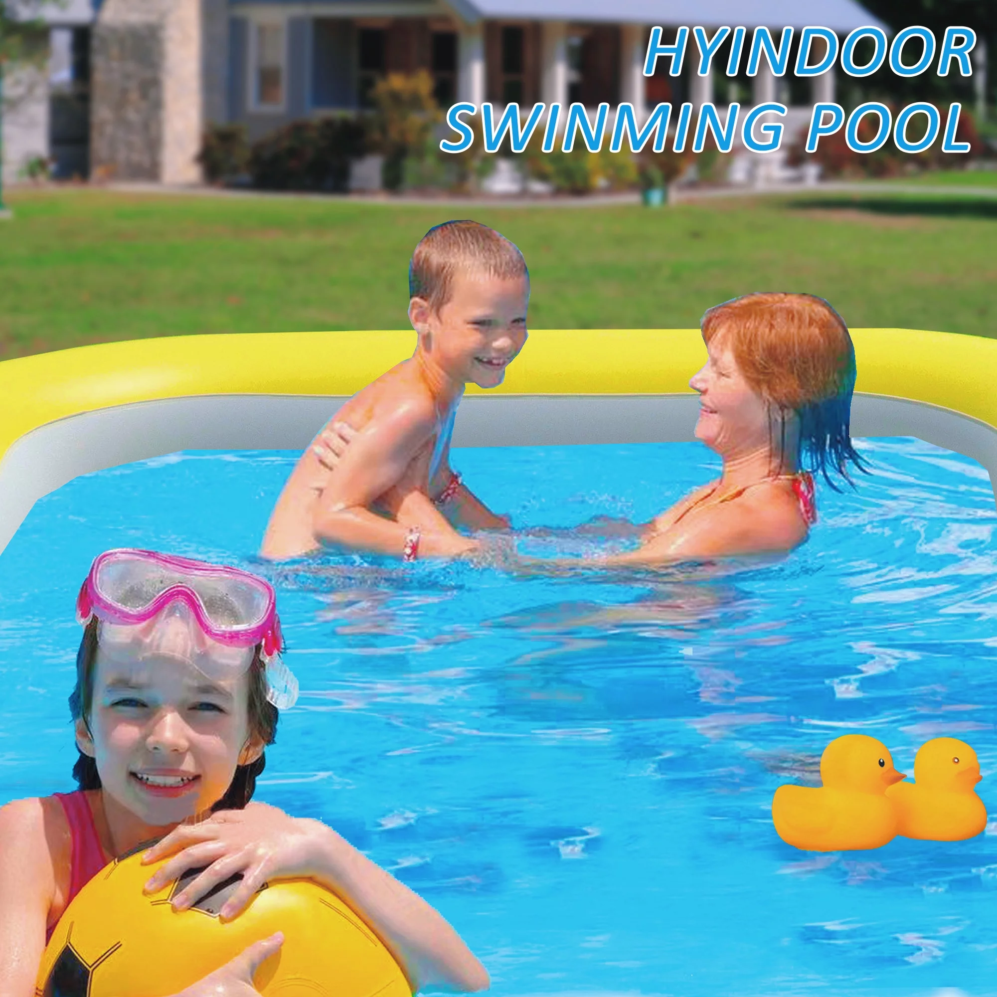Hyindoor Inflatable Swimming Pool with Pump 9.85×5.74×2.23ft Rectangle Kids, Adults, Family Blue - Womvr