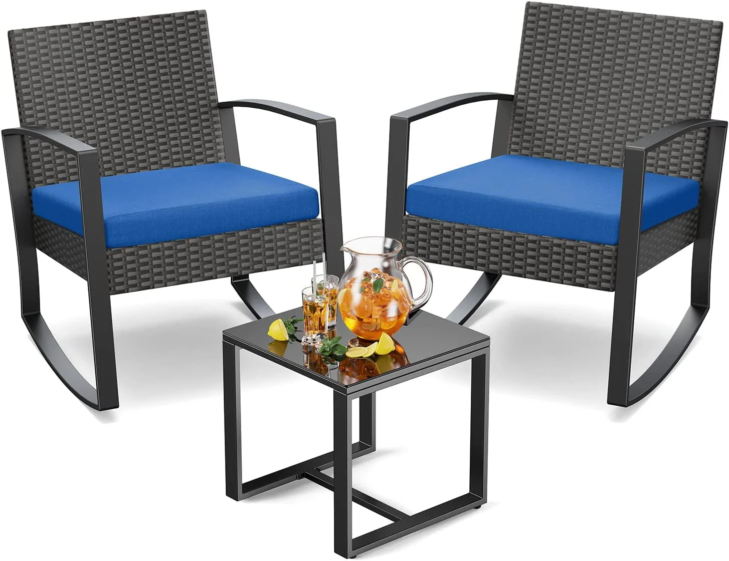 Lofka 3-Piece Patio Wicker Chairs Set with Glass Coffee Table, Outdoor Balcony Furniture Set with Blue Cushion - Womvr
