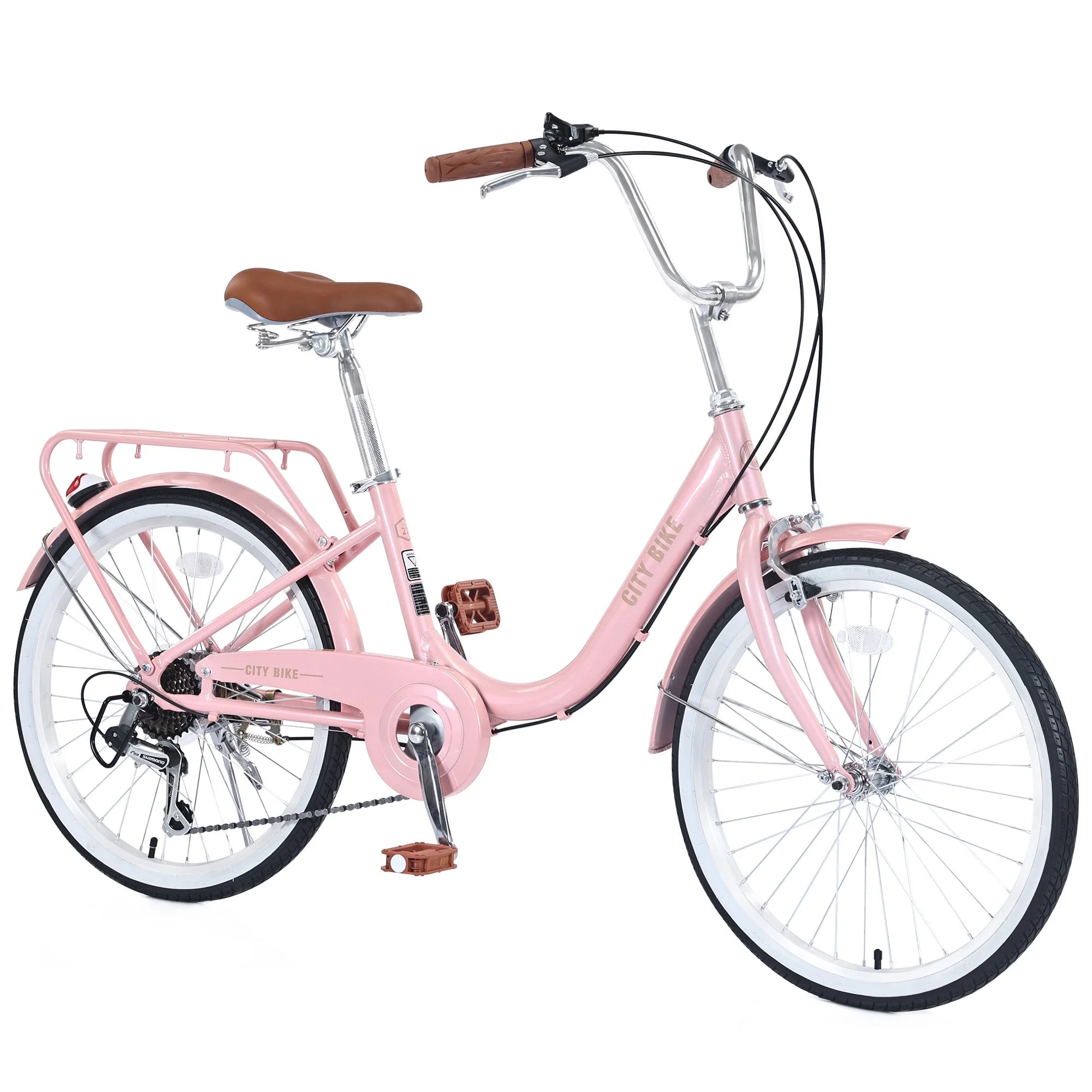 Girls Cruiser Bike for Kids 8+ Years Old, City Bike with 22 inch Shimano, 7 speed, Leather Saddle, Front&Rear Caliper Brake, Commuter Bicycle Pink - Womvr