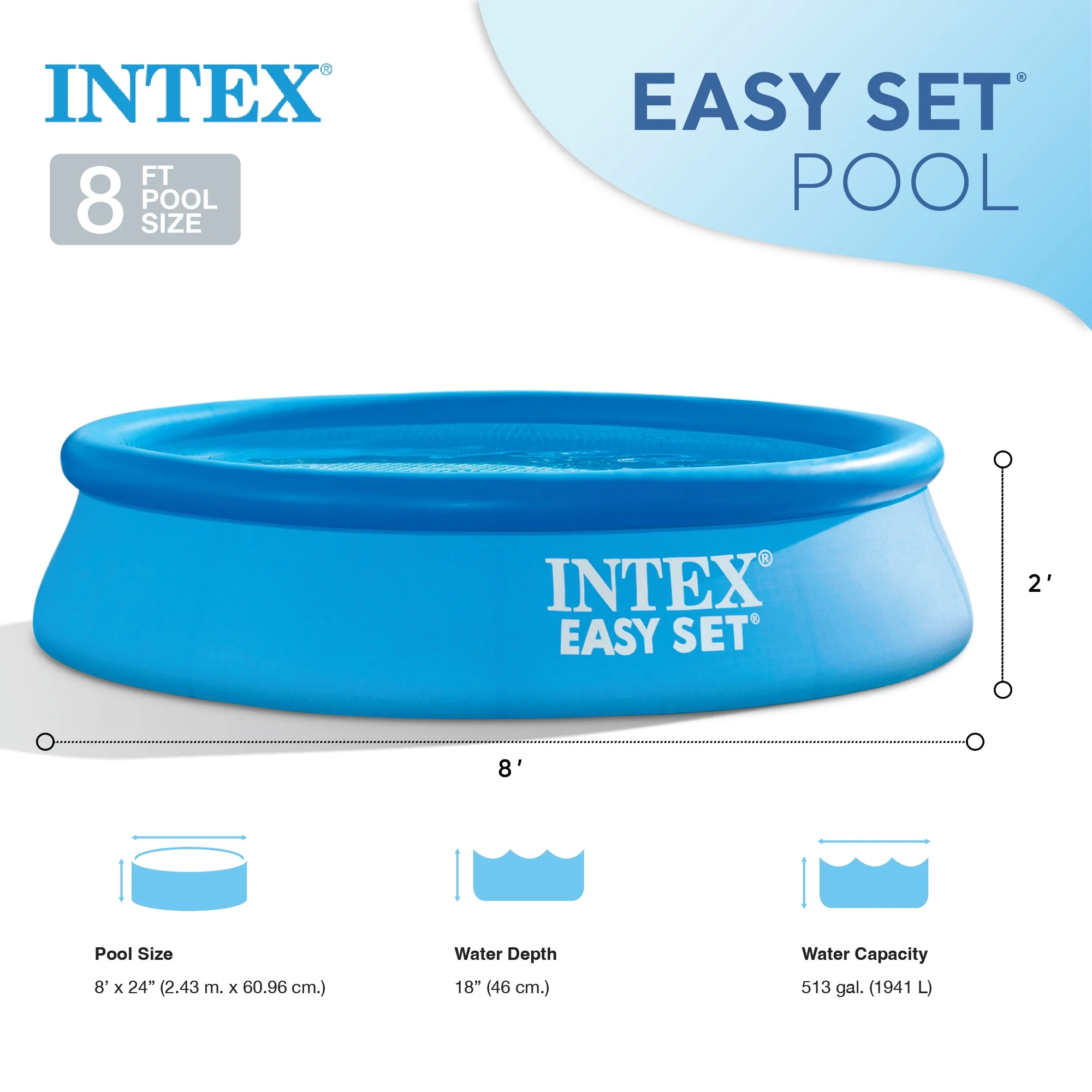 Intex 8056988 24 in. x 8 ft. Easy Inflatable Outdoor Family Swimming Pool, Blue - Womvr
