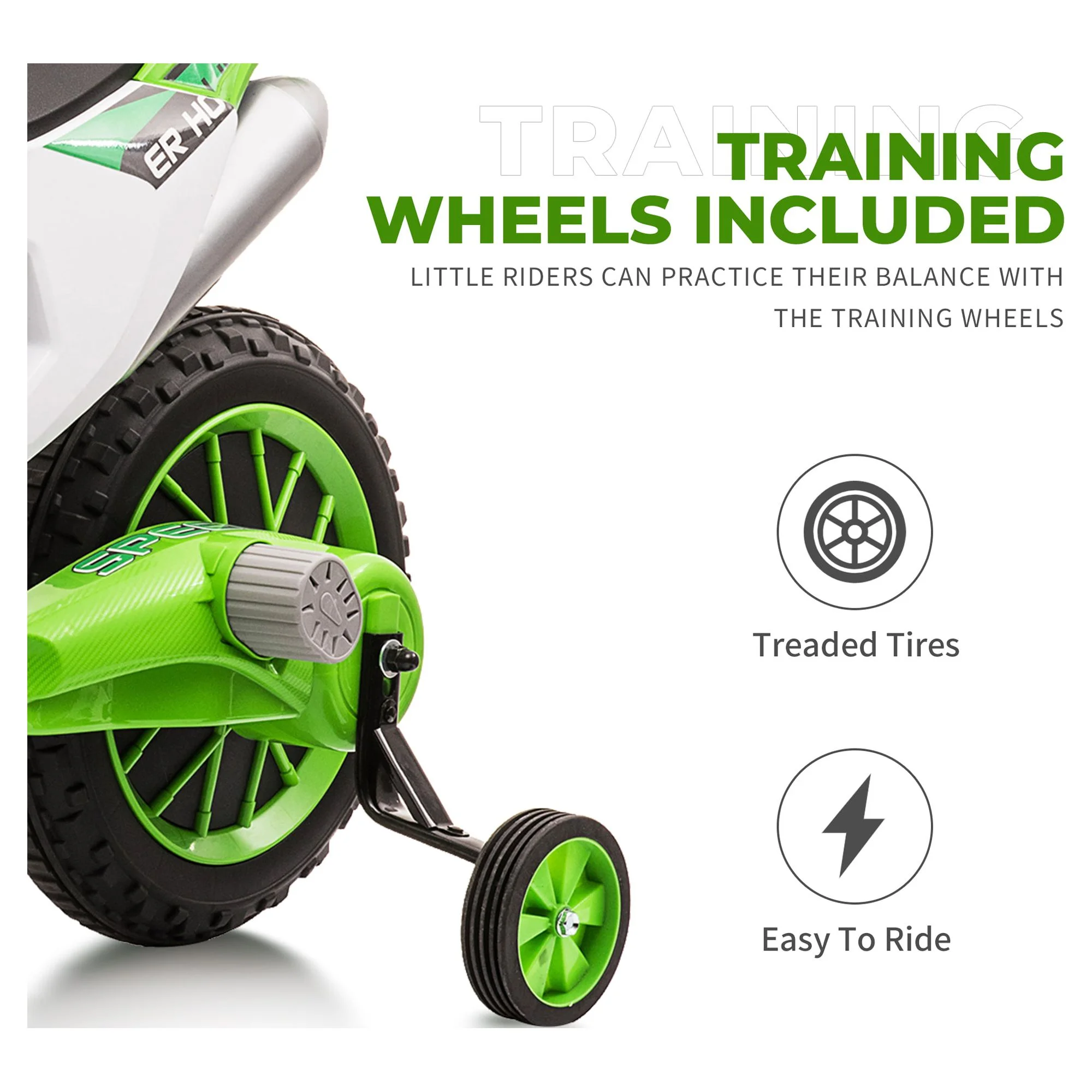 TOBBI 12V Kids Motorcycle off- Road Ride on Dirt Bike W/ Training Wheels, Age 3-8 Toddlers, Green - Womvr