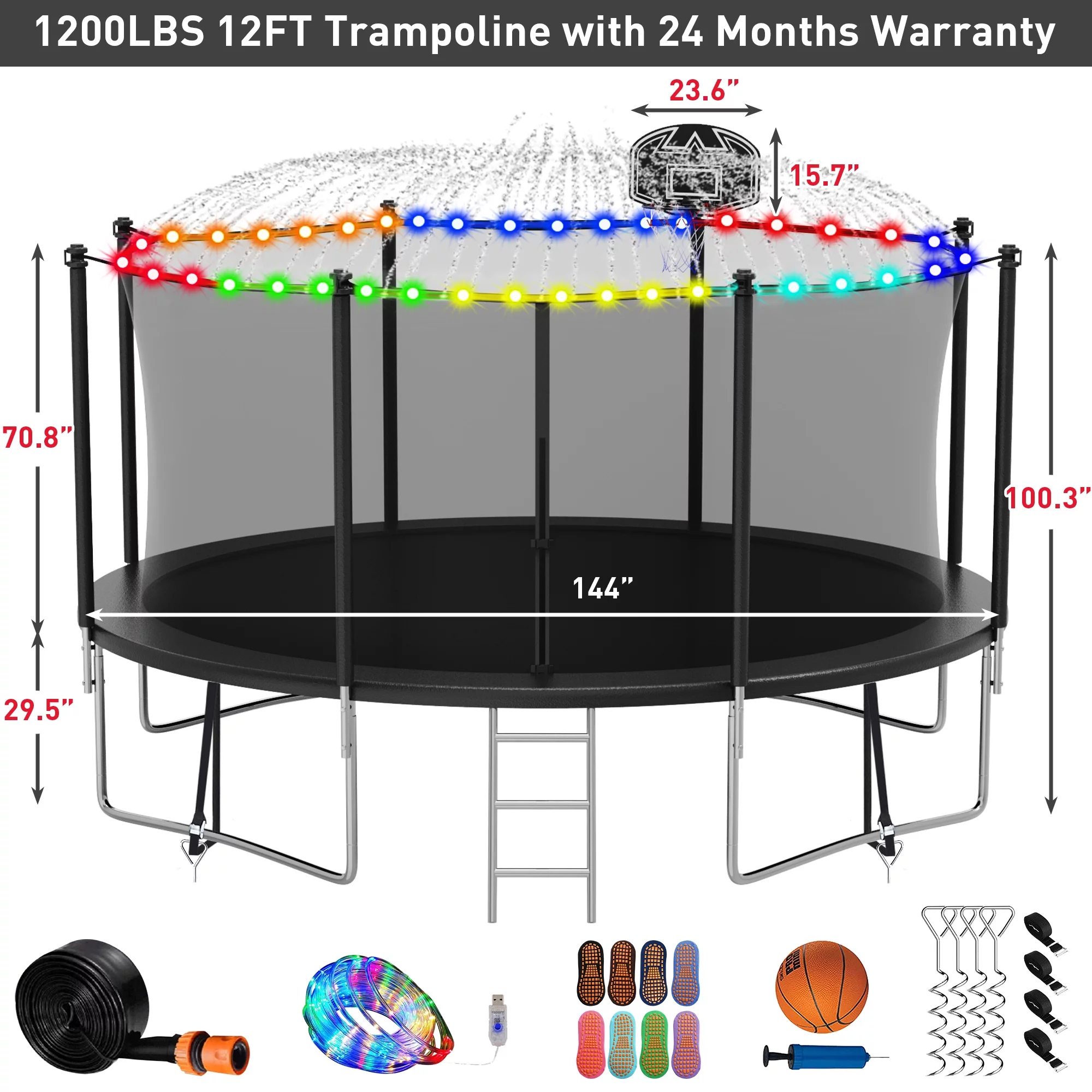 Kumix Trampoline with Enclosure, 1200LBS 12 14 15 16FT Trampoline for Kids Adults, Trampoline with Basketball Hoop, Lights, Sprinkler and Socks, Outdoor Heavy Duty Trampoline - Womvr