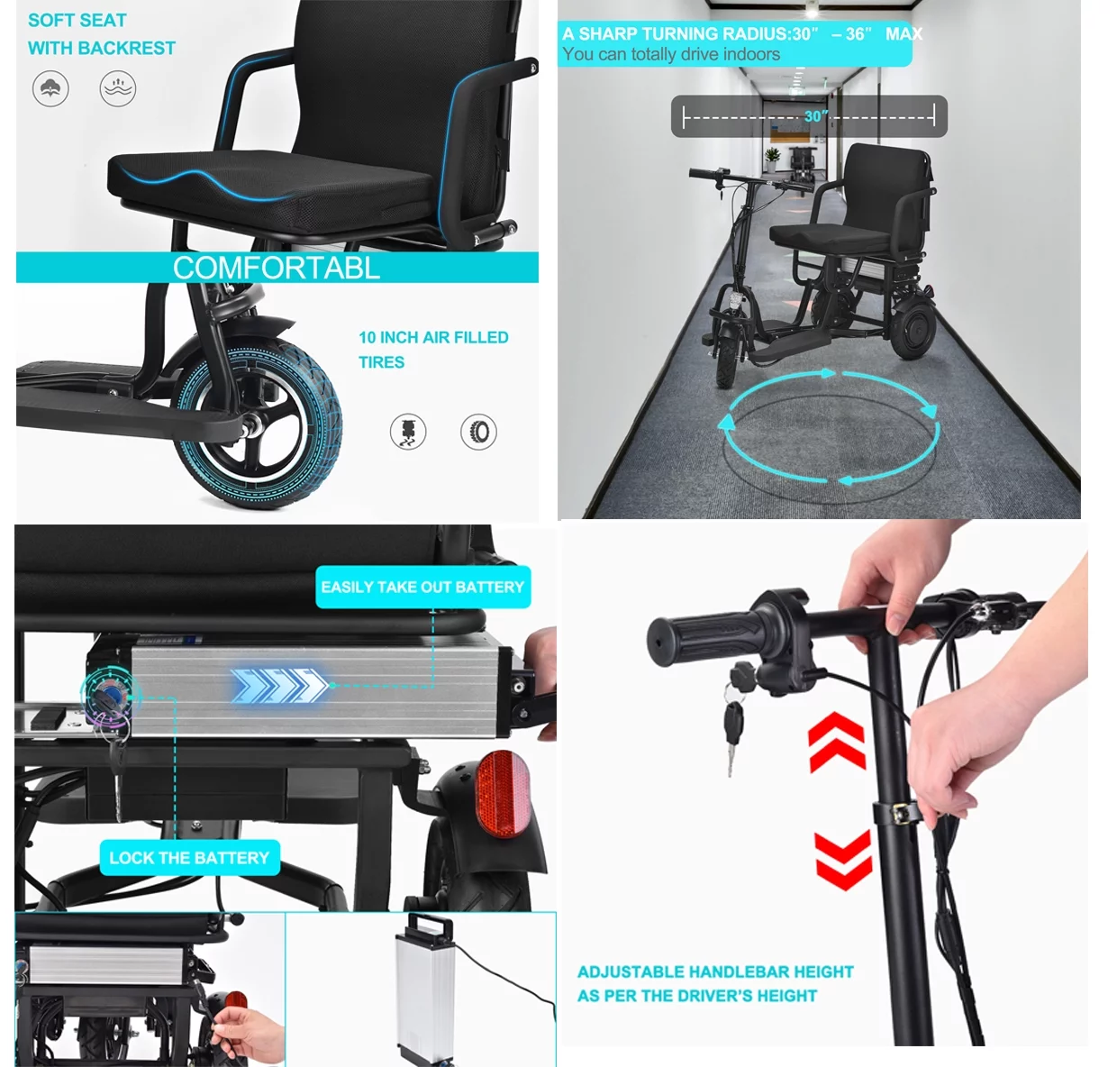 Folding Mobility Electric Scooter 48v 700w Dual Motor Lithium Battery 42*22*33(Inch) - Womvr