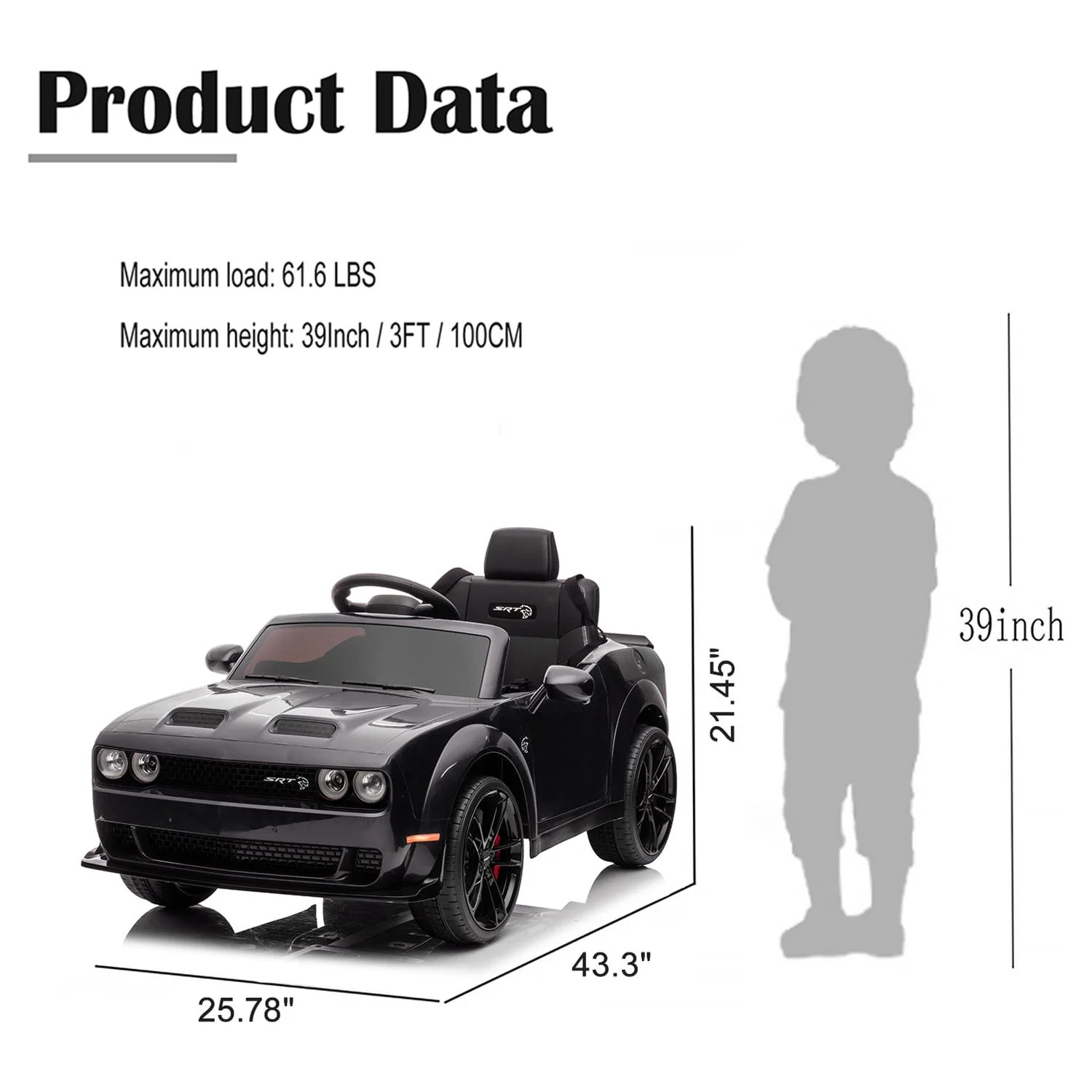 Dodge Challenger 12 V Powered Ride On Car with Remote Control, SRT Hellcat Toys for Kids, Black - Womvr