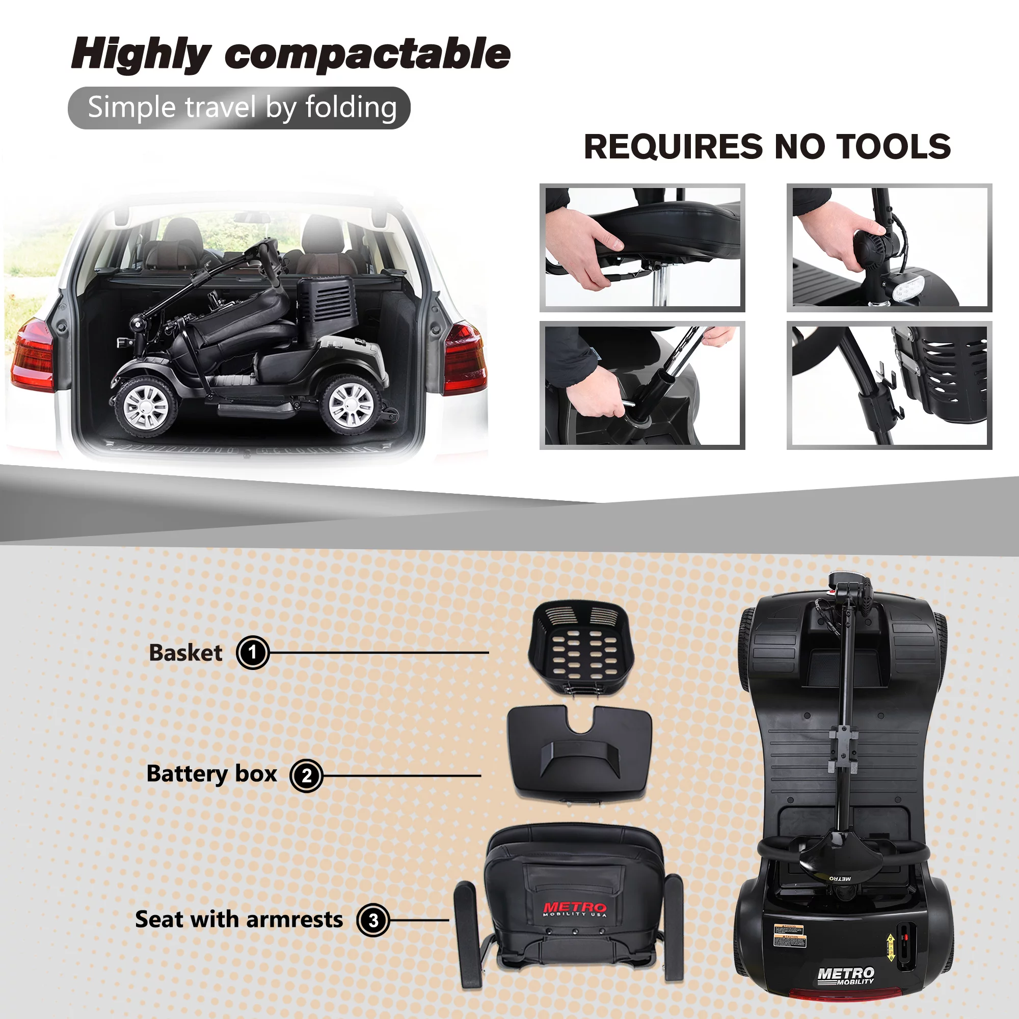 Electric Mobility Scooter for Adults and Seniors - 300 lbs Max Weight, 4-Wheel Powered Mobility Scooters Wheelchair Device for Travel, Elderly (with Head Light-White) - Womvr