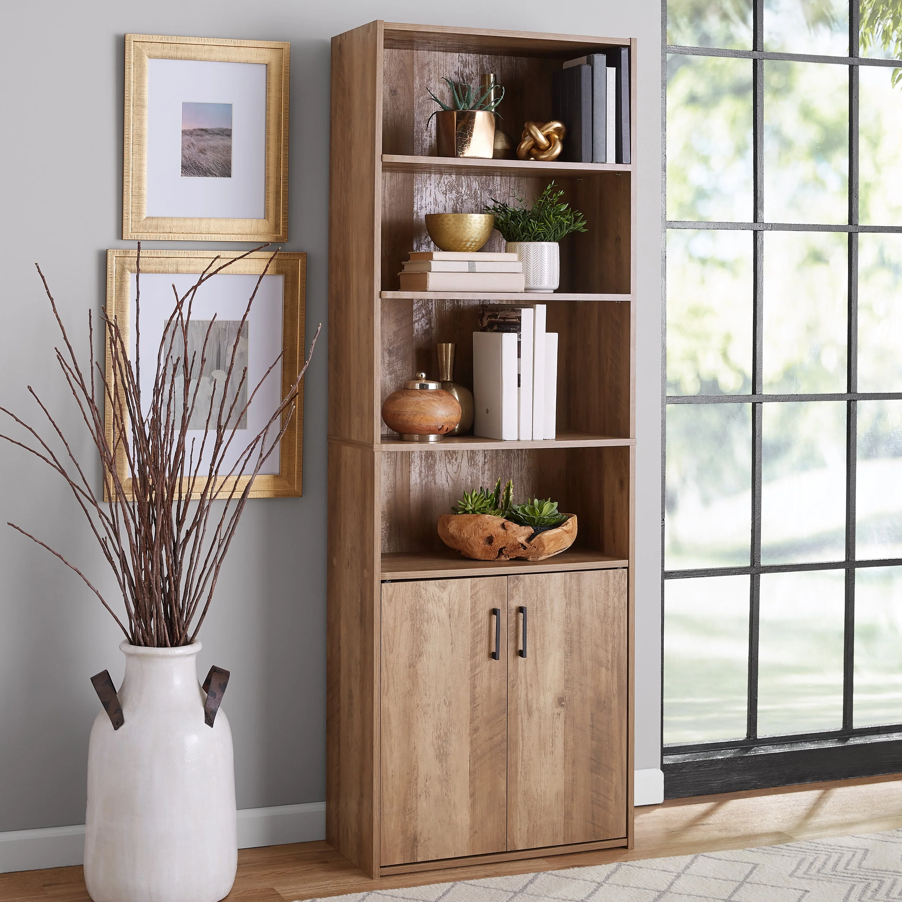 Mainstays Traditional 5 Shelf Bookcase with Doors, Soft White - Womvr