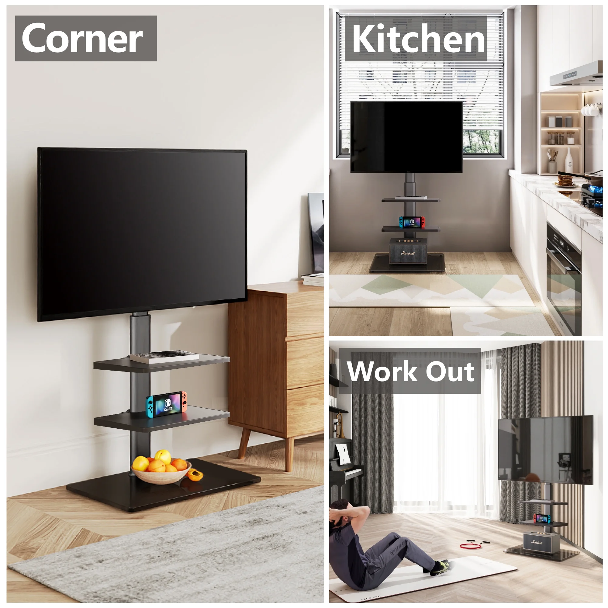 FITUEYES Tempered Glass Base Floor TV Stand 32-65 Inch, Height adjustable,Swivel TV Stand with Mount,Black - Womvr