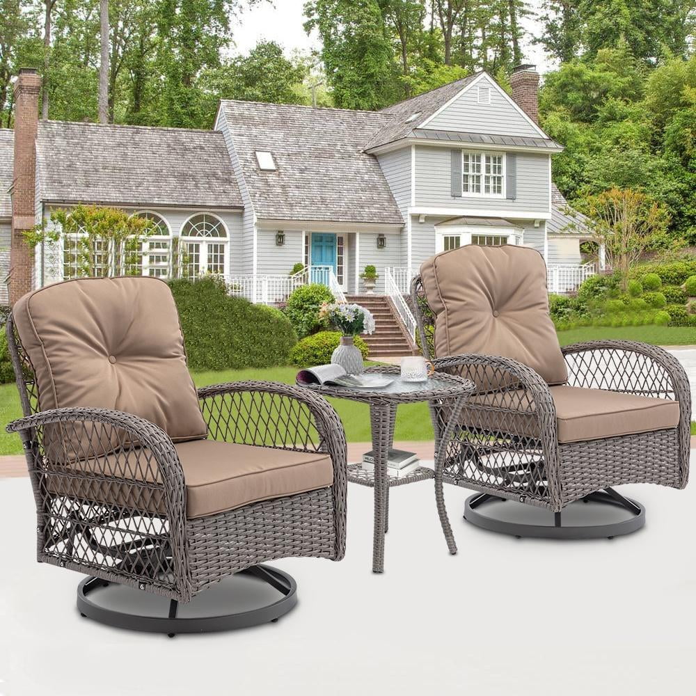 3 Piece Outdoor Bistro Swivel Chairs Set, Patio Bistro Set w/ 360° Swivel Rocking Chairs & Table, All-Weather Conversation Set with Metal Frame for Patio Backyard Porches or Garden - Khaki - Womvr