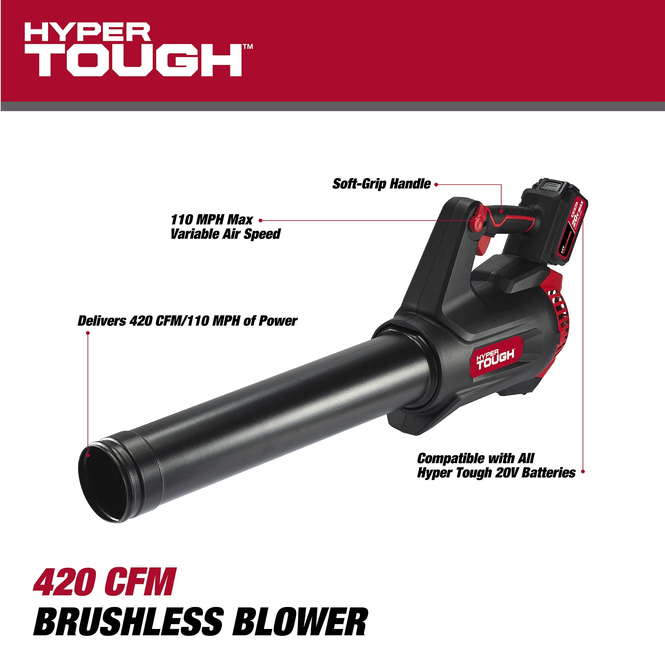 Hyper Tough 20V Max 110 mph 420 Cfm 4.0Ah Brushless Handheld Battery Blower, HT22-401-03-01 - Womvr