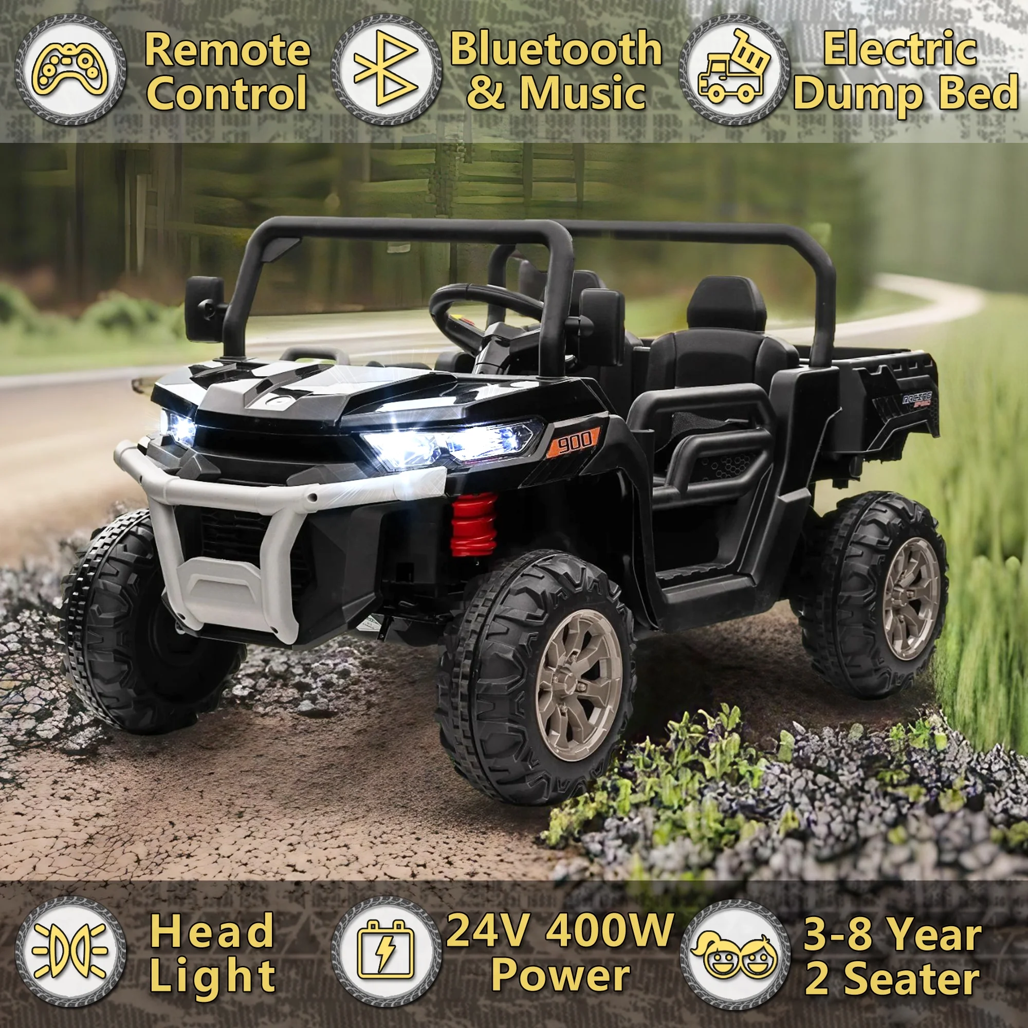 24V 2 Seater Ride on Toys, Ride On UTV with 2x200W Motor Ride On Dump Truck, Ride On Car with Dump Bed/Shovel, Electric Vehicle with Rubber Tires, LED Light, Music, Remote Control, Black - Womvr