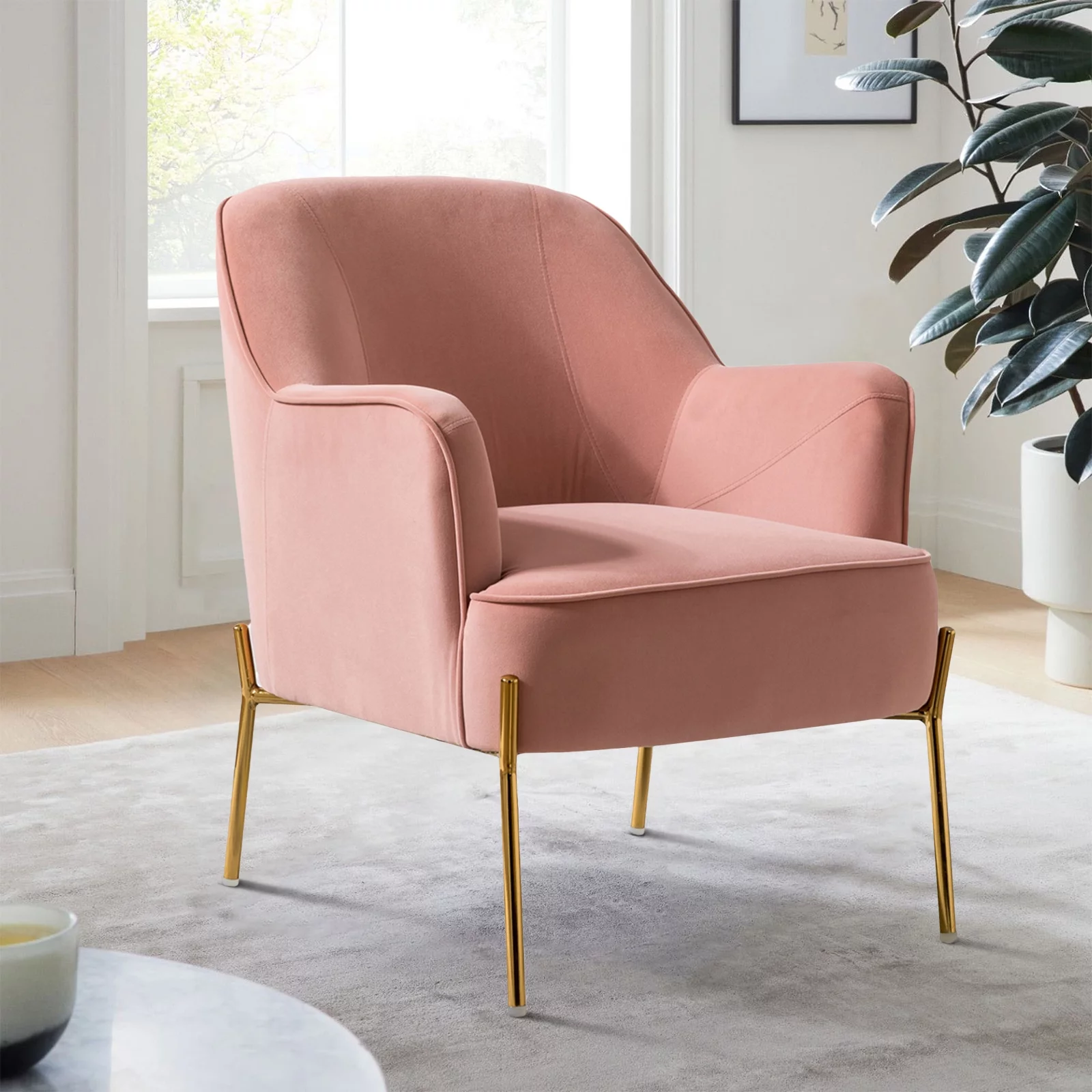 Velvet Upholstered Accent Chair Metal Legs Curved Backrest Lounge Home Armchair Bedroom Adult Pink - Womvr