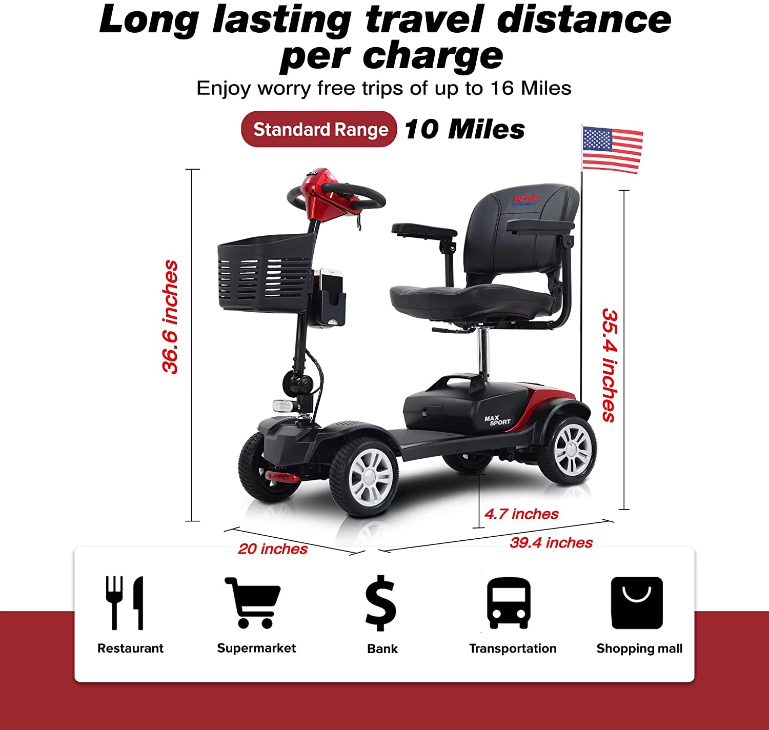 4 Wheel Mobility Scooters- Folding Electric Powered Wheelchair Device for Seniors Adults Elderly, Collapsible and Compact Heavy Duty Mobile for Travel with Basket (MAX Sport RED) - Womvr