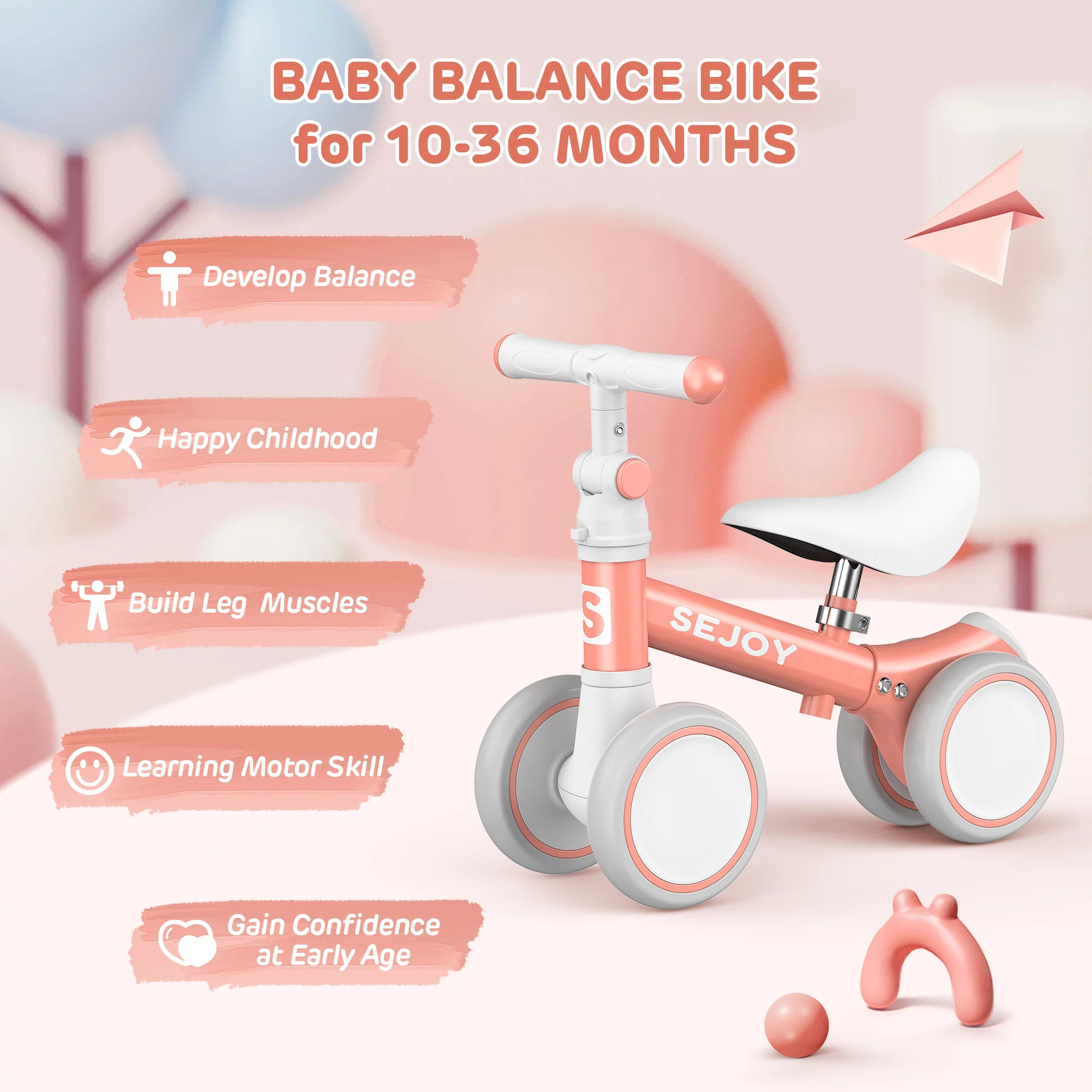 Sejoy Baby Balance Bike, Toddler Baby Bicycle with 4 Wheels for 10-36 Months, Adjustable Handlebar Baby Outdoor Bike Riding Toy, First B-day Gift - Womvr