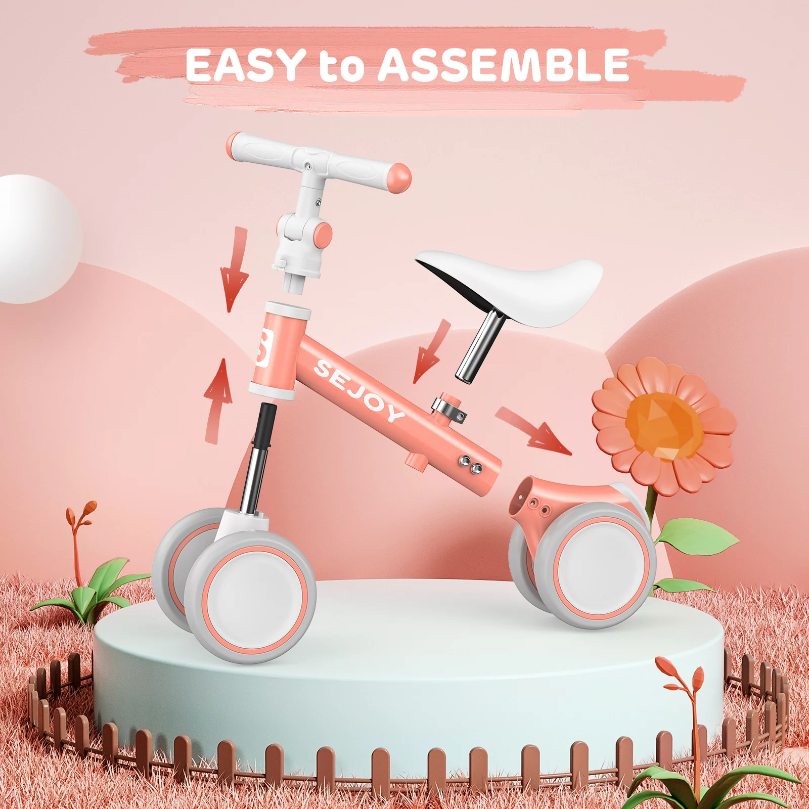 Sejoy Baby Balance Bike, Toddler Baby Bicycle with 4 Wheels for 10-36 Months, Adjustable Handlebar Baby Outdoor Bike Riding Toy, First B-day Gift - Womvr