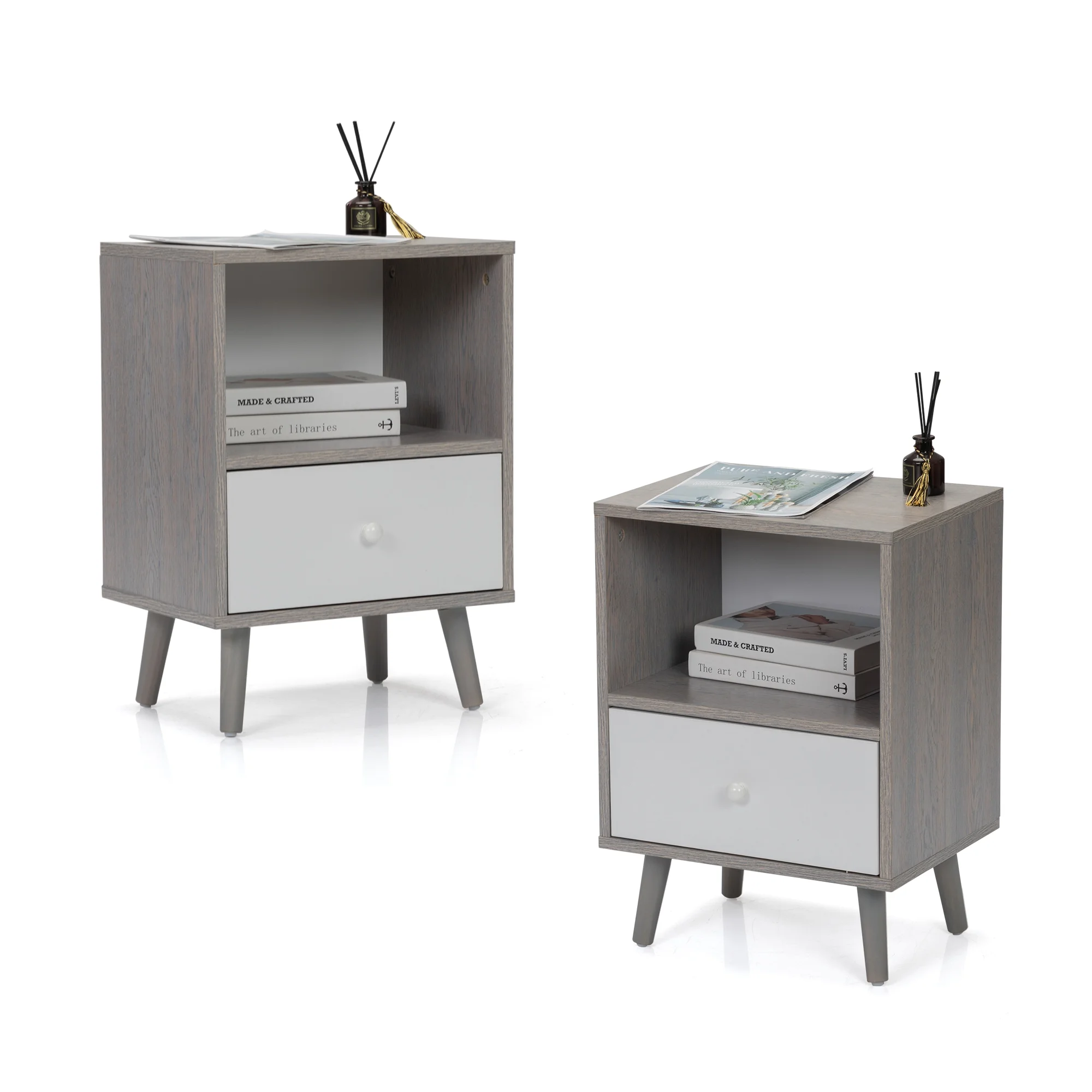 JAXPETY Nightstands Set of 2, Night Stand with 1 Drawer and Open Shelf Storage, End Table, Side Table, for Bedroom, Living Room, Natural Wood & White - Womvr