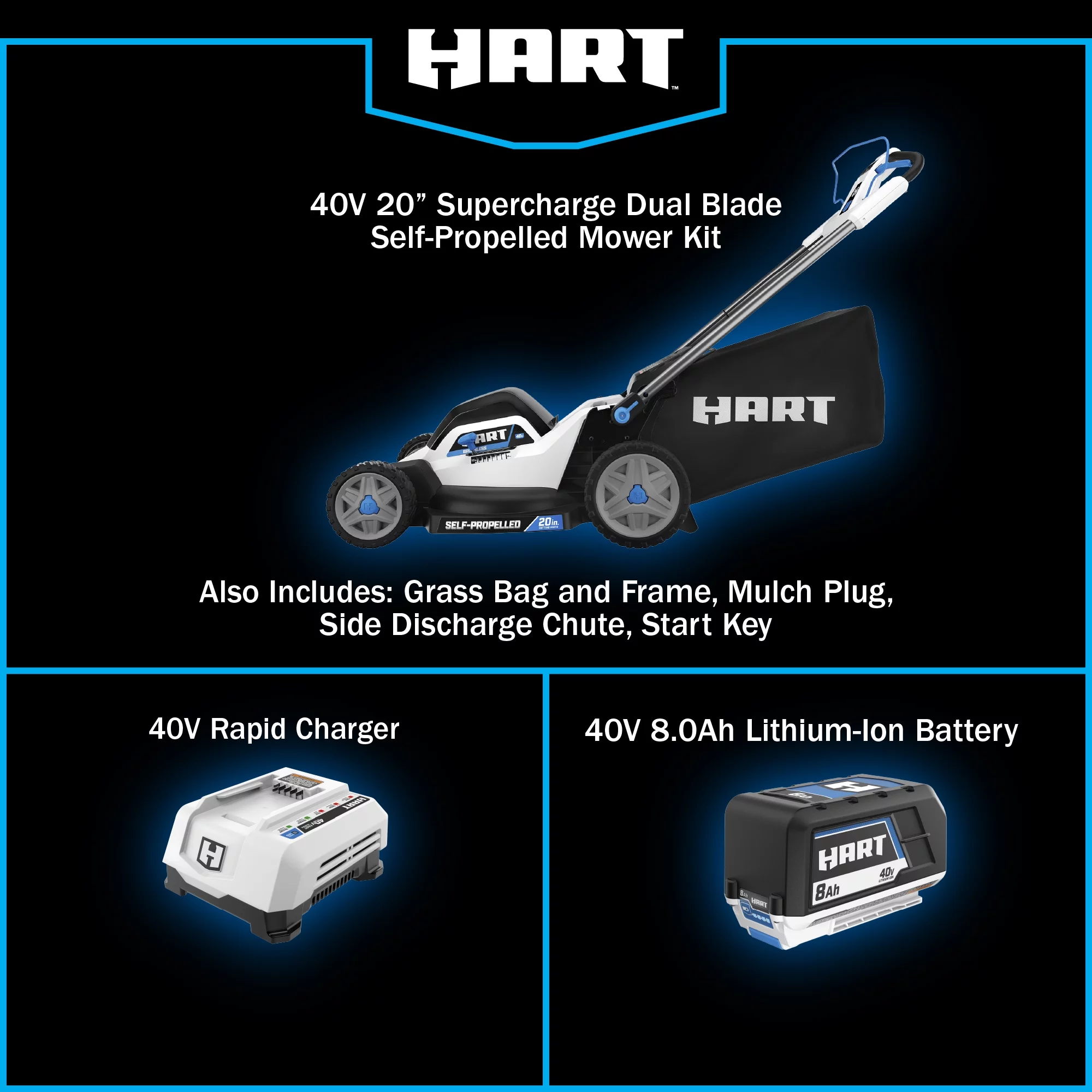 HART 40-Volt 20-inch SUPERCHARGE Dual Blade Self-Propelled Mower Kit, (1) 8.0Ah Lithium-Ion Battery - Womvr