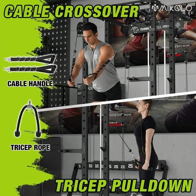 Mikolo Power Rack Cage, 1500 lbs Weight Rack with Cable Crossover Machine,Multi-Function Squat Rack with J Hooks,Dip Bars and Landmine for Home Gym (Black), Plate Loaded Machine - Womvr