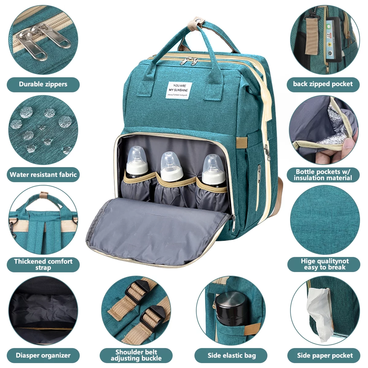 Diaper Bag Backpack,Multifunction 3 in 1 Waterproof Travel Back Pack,Baby Changing Bags with Changing Pad, Stroller Straps, Unisex, Green - Womvr