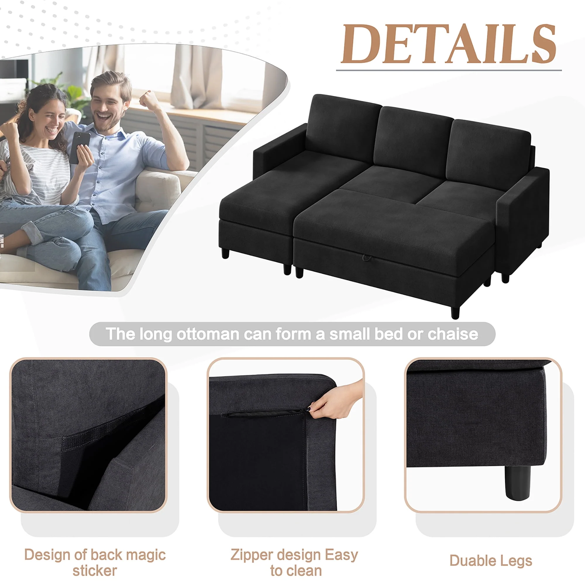 Walsunny Convertible Sectional L-Shaped Sofa with Modern Linen Fabric(Grayish Black) - Womvr