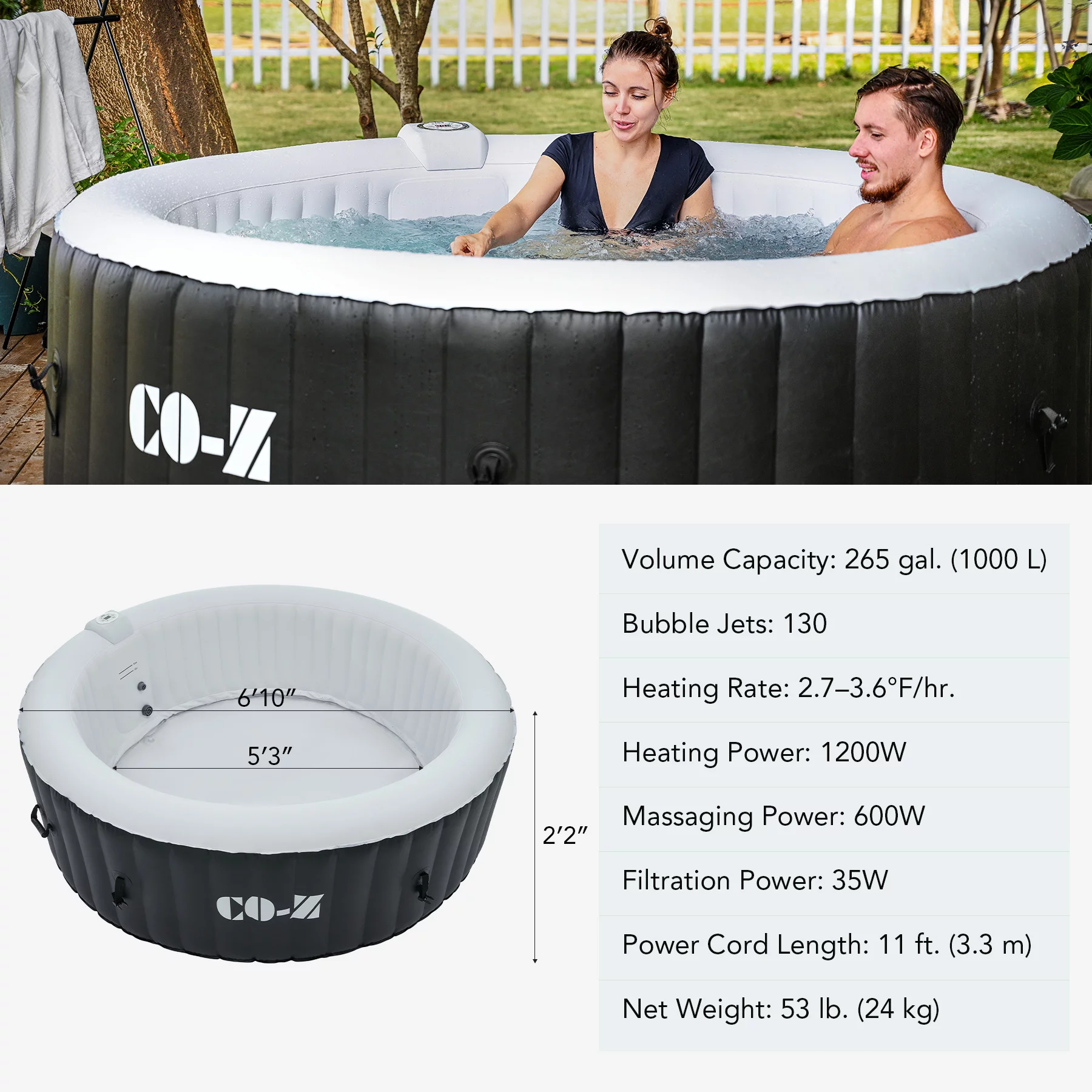 CO-Z 4-6 Person 7' Blow-Up Hot Tub with 130 Air Jets Cover Electric Pump Portable Pool, Gray - Womvr