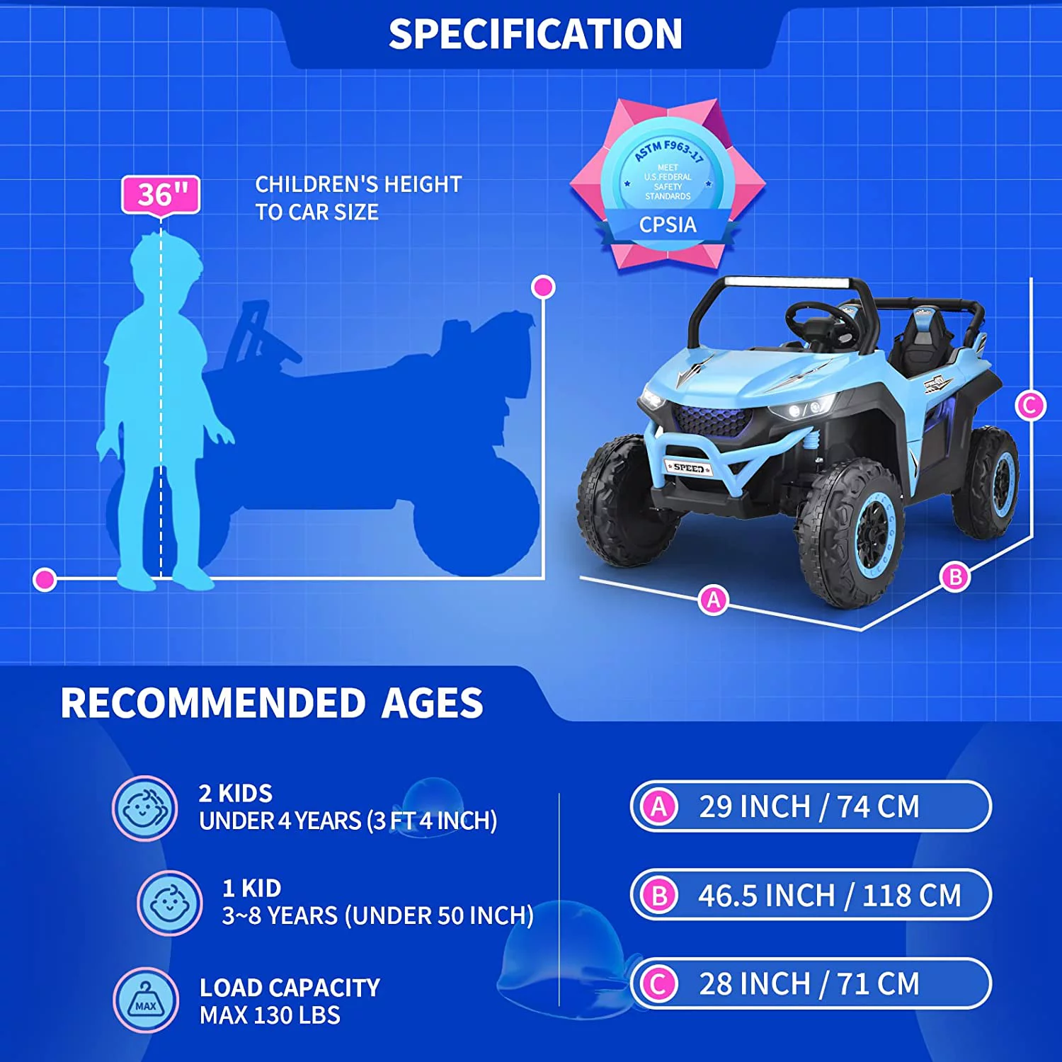 Joywhale 24V 2 Seater Kids Ride on UTV Car Powerful Electric Vehicle, with Big Battery, 4x75W Strong Motor, Remote Control, Suspension, Deep Sea Blue - Womvr