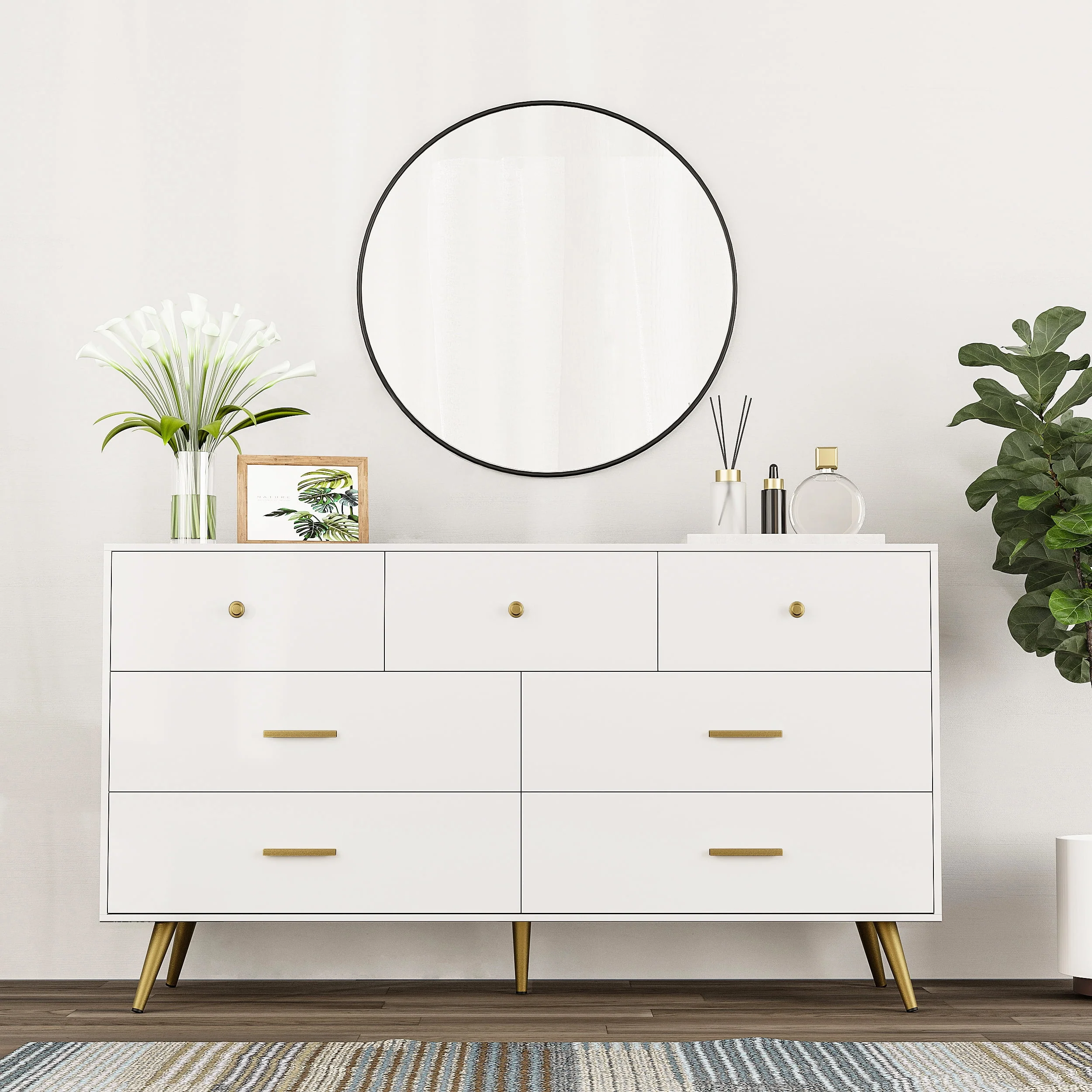 6 Drawer Dresser, Mid-Century Modern Chest Of Drawers, Double Dresser Storage Cabinet For Bedroom Living Room Hallway(White-6 Drawers) - Womvr