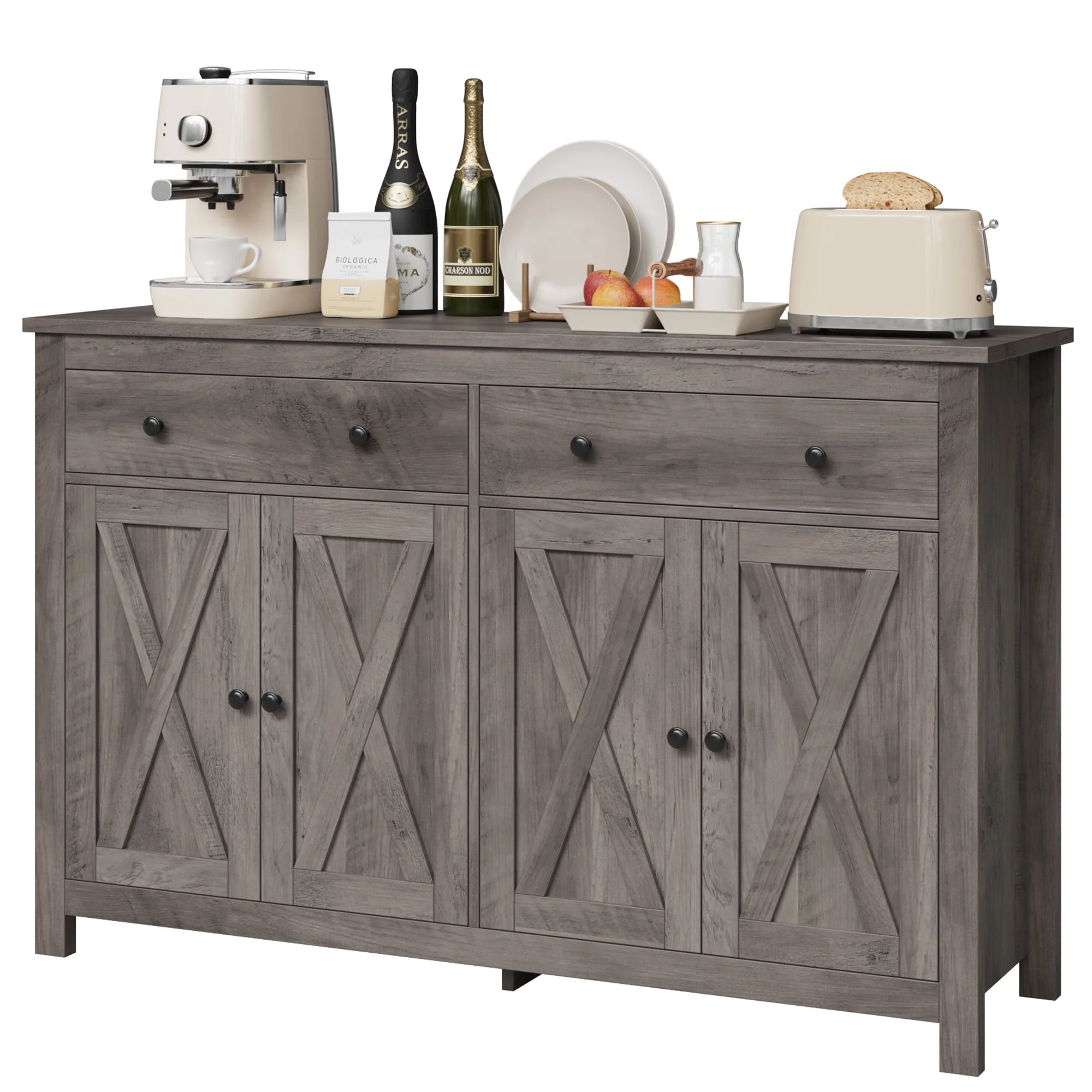Homfa 4-Doors 2-Drawers Farmhouse Storage Cabinet, Wood Sideboard with Adjustable Shelves for Kitchen Dining Room, White - Womvr