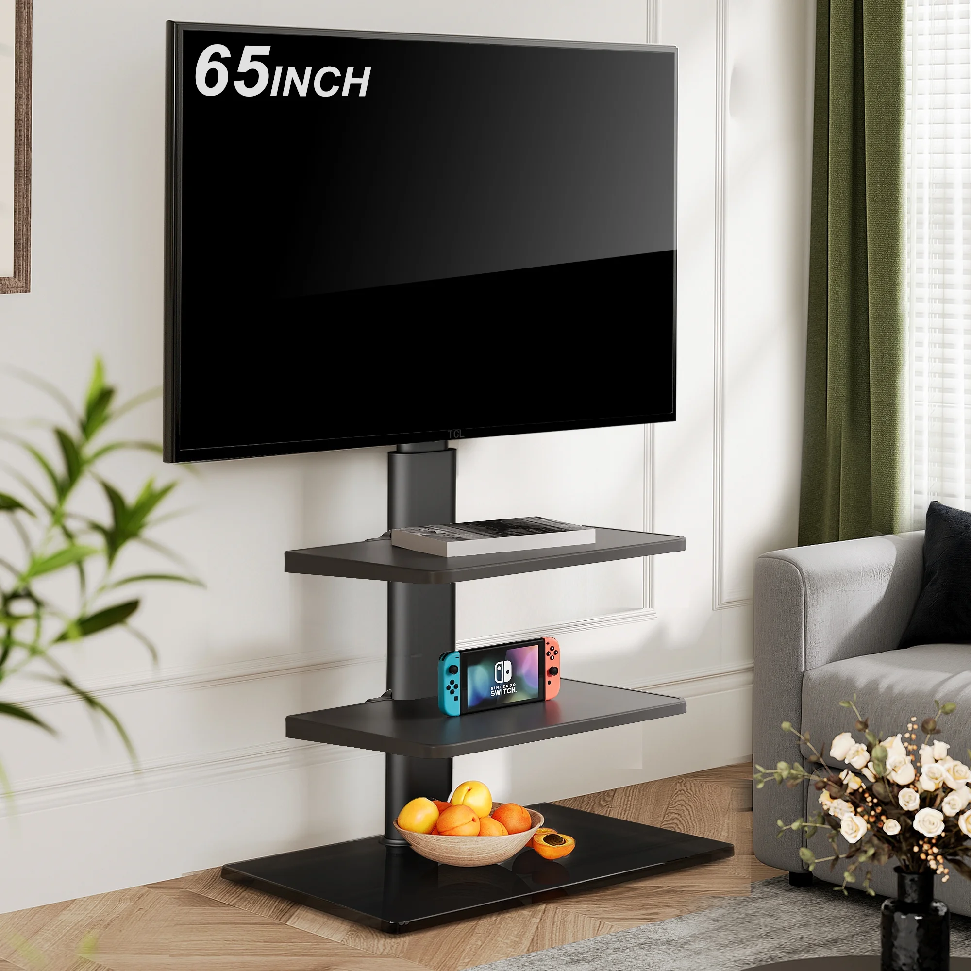 FITUEYES Tempered Glass Base Floor TV Stand 32-65 Inch, Height adjustable,Swivel TV Stand with Mount,Black - Womvr