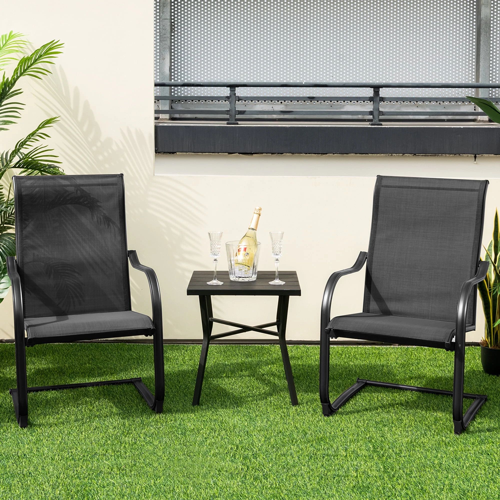 Costway 2pcs C-Spring Motion Patio Dining Chairs All Weather Heavy Duty Outdoor Black - Womvr