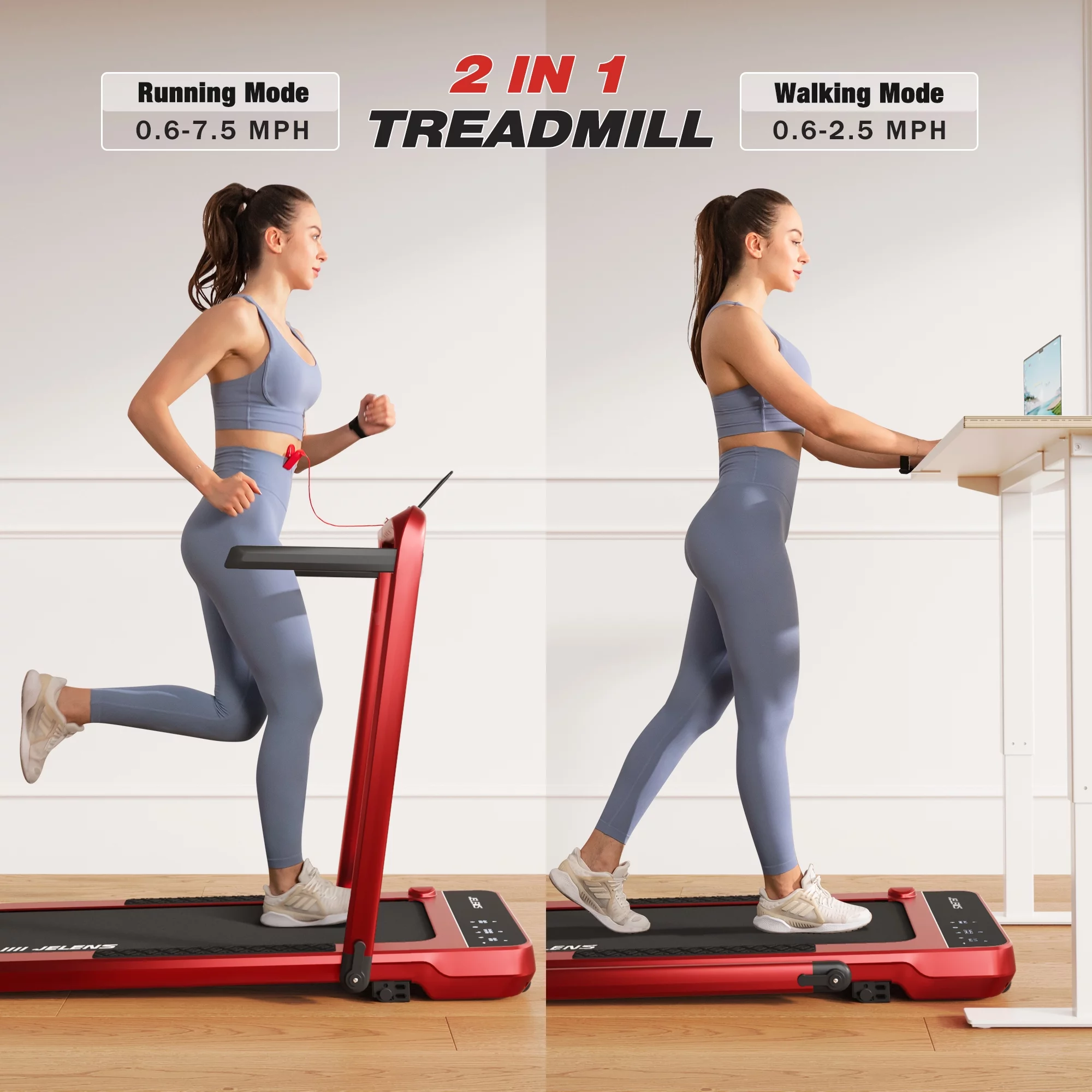 JELENS 2 in 1 Incline Treadmill Under Desk Walking Pad 2.5HP Home Folding Treadmills with Gesture Sensing Control, Walking Machine for Office with Led Display - Womvr