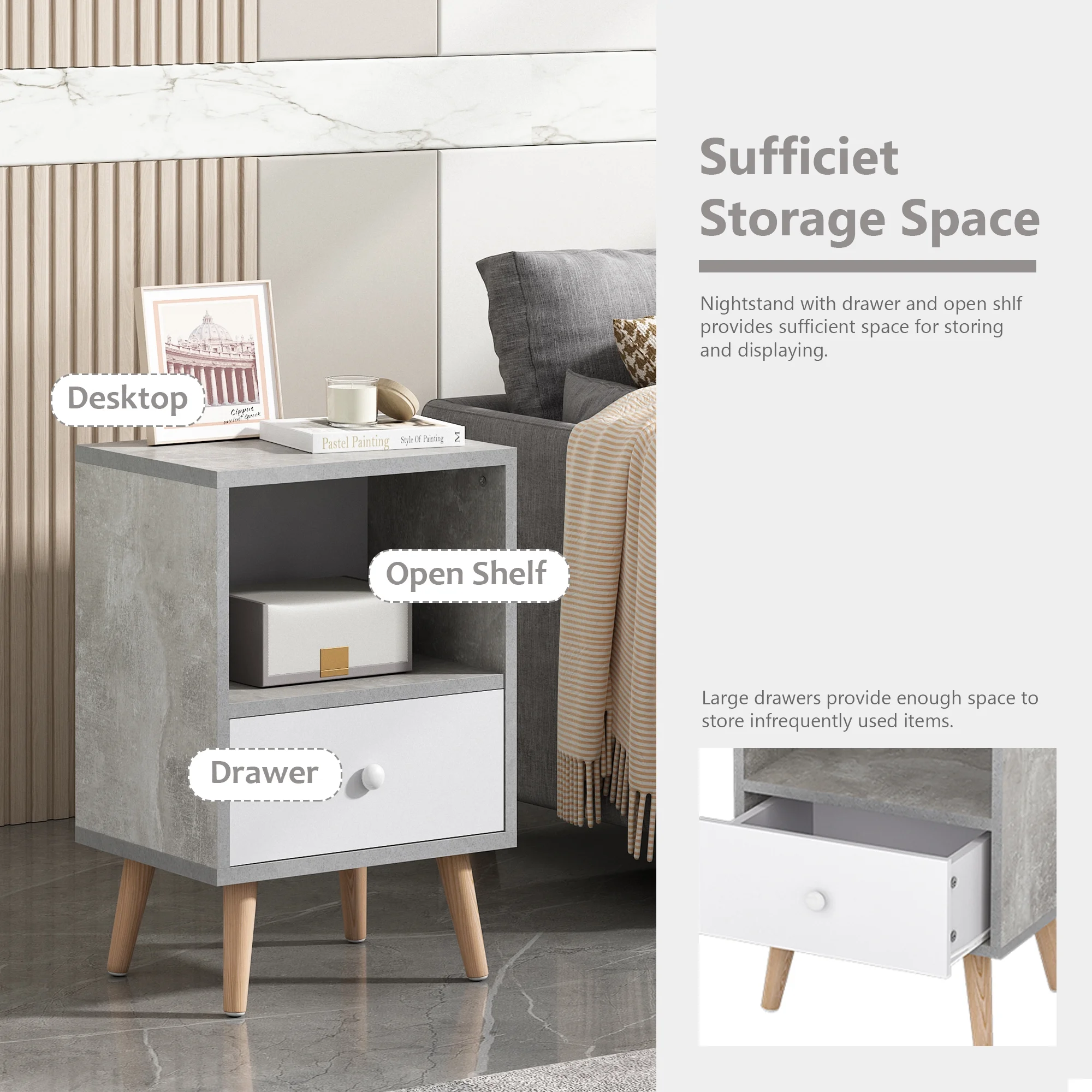 JAXPETY Nightstands Set of 2, Night Stand with 1 Drawer and Open Shelf Storage, End Table, Side Table, for Bedroom, Living Room, Natural Wood & White - Womvr