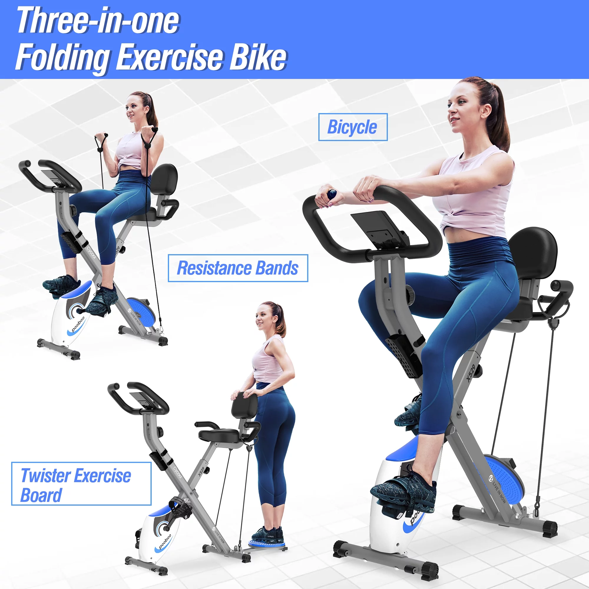 Pooboo Foldable Exercise Bike Magnetic Indoor Cycling Bike 3 in 1 Stationary Bike 220 lbs Capacity - Womvr