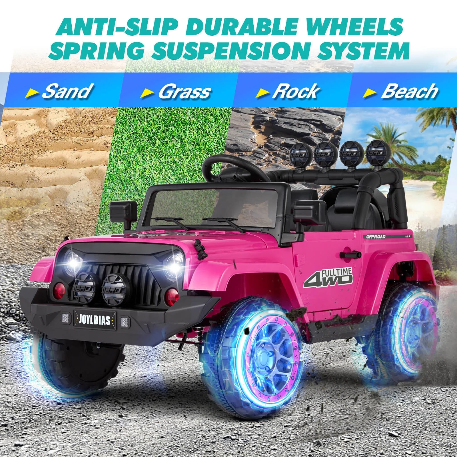 JOYLDIAS 12V Kids Ride on Truck Electric Car with DIY Stickers, Bluetooth, Remote Control, MP3 Player, LED Lights (Pink) - Womvr