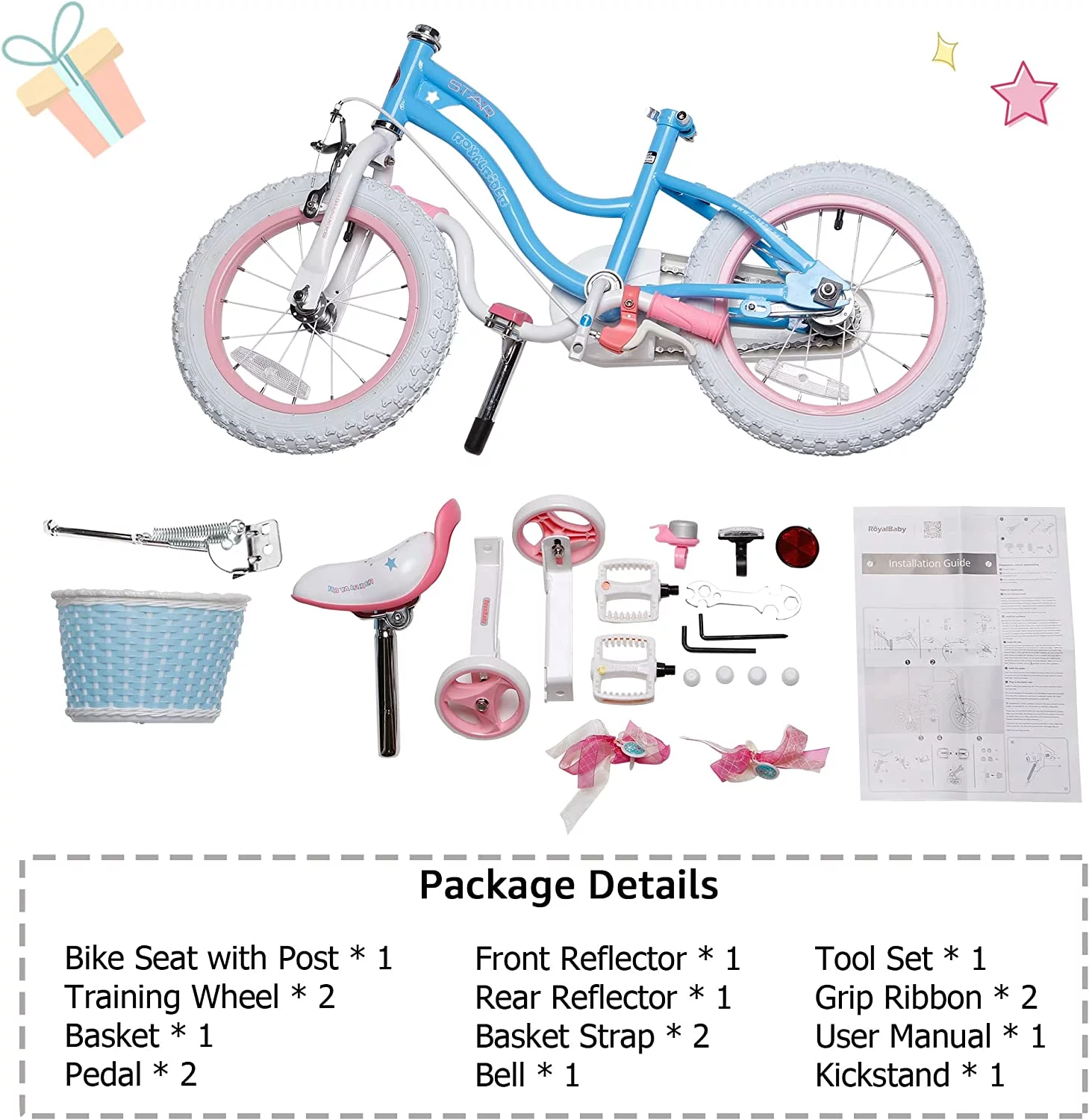 Royalbaby Girls Kids Bike Star girl 14 In Bicycle Basket Training Wheels Blue Child's Cycle - Womvr