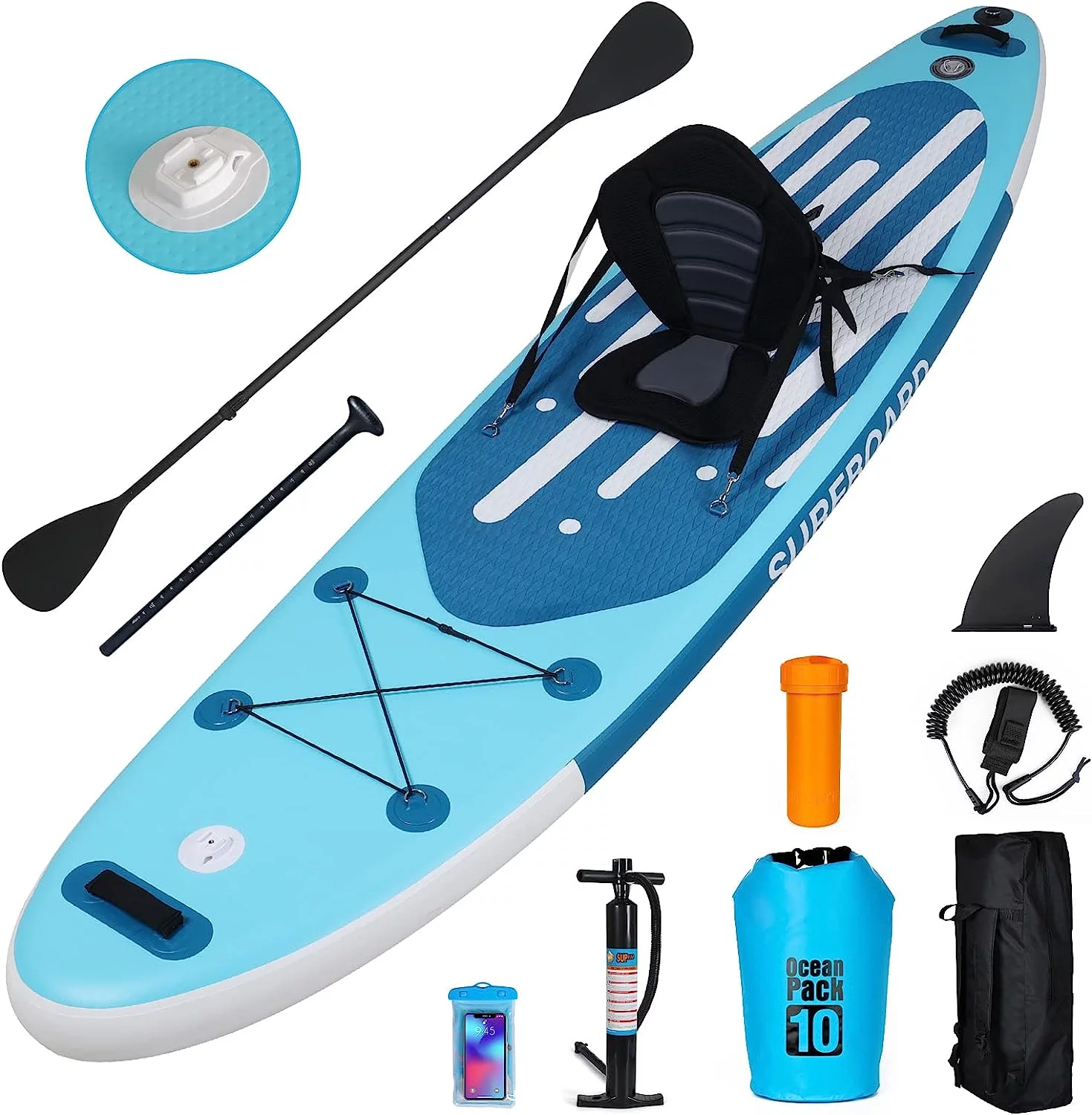 FULLWATT 11Ft Inflatable Stand up Paddleboard SUP with Kayak Seat Repair Kit Pump 6.5''T Blue - Womvr