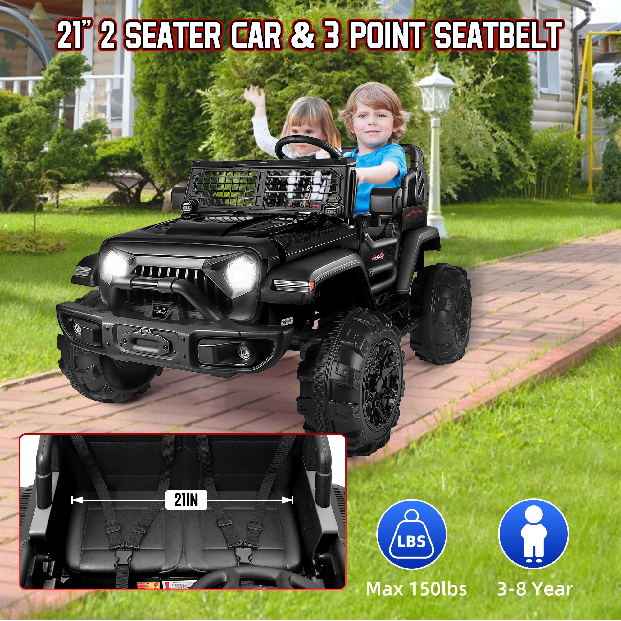 Wisairt 24V Kids Ride on Truck, 2 Seater Powered Ride on Car w/ Remote Control and Storage Space, 3 Speeds, Bluetooth, LED Lights (Black) - Womvr