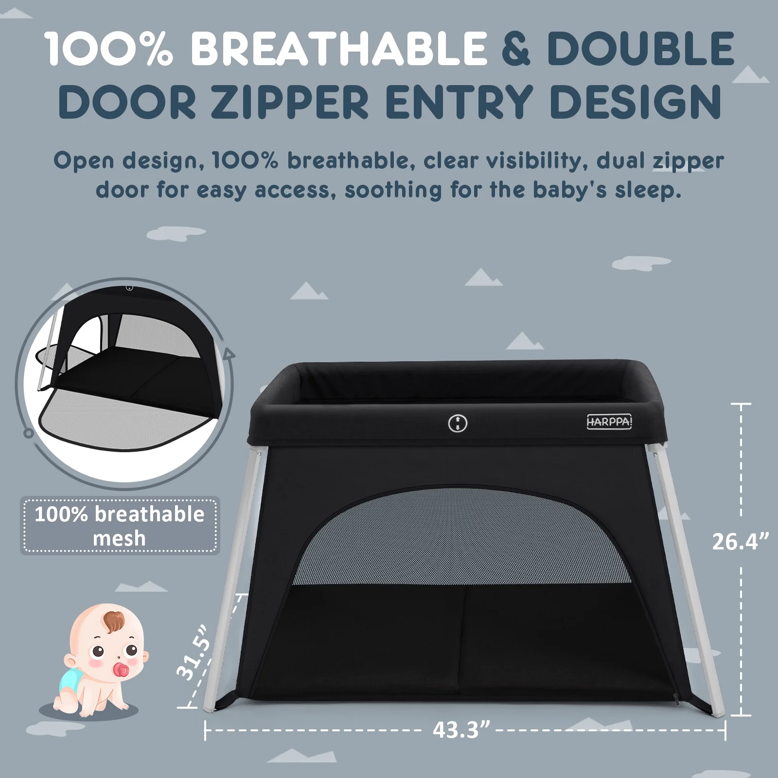 HARPPA Portable Travel Crib for Baby, Foldable Travel Playard with Mattress, Lightweight, Black - Womvr