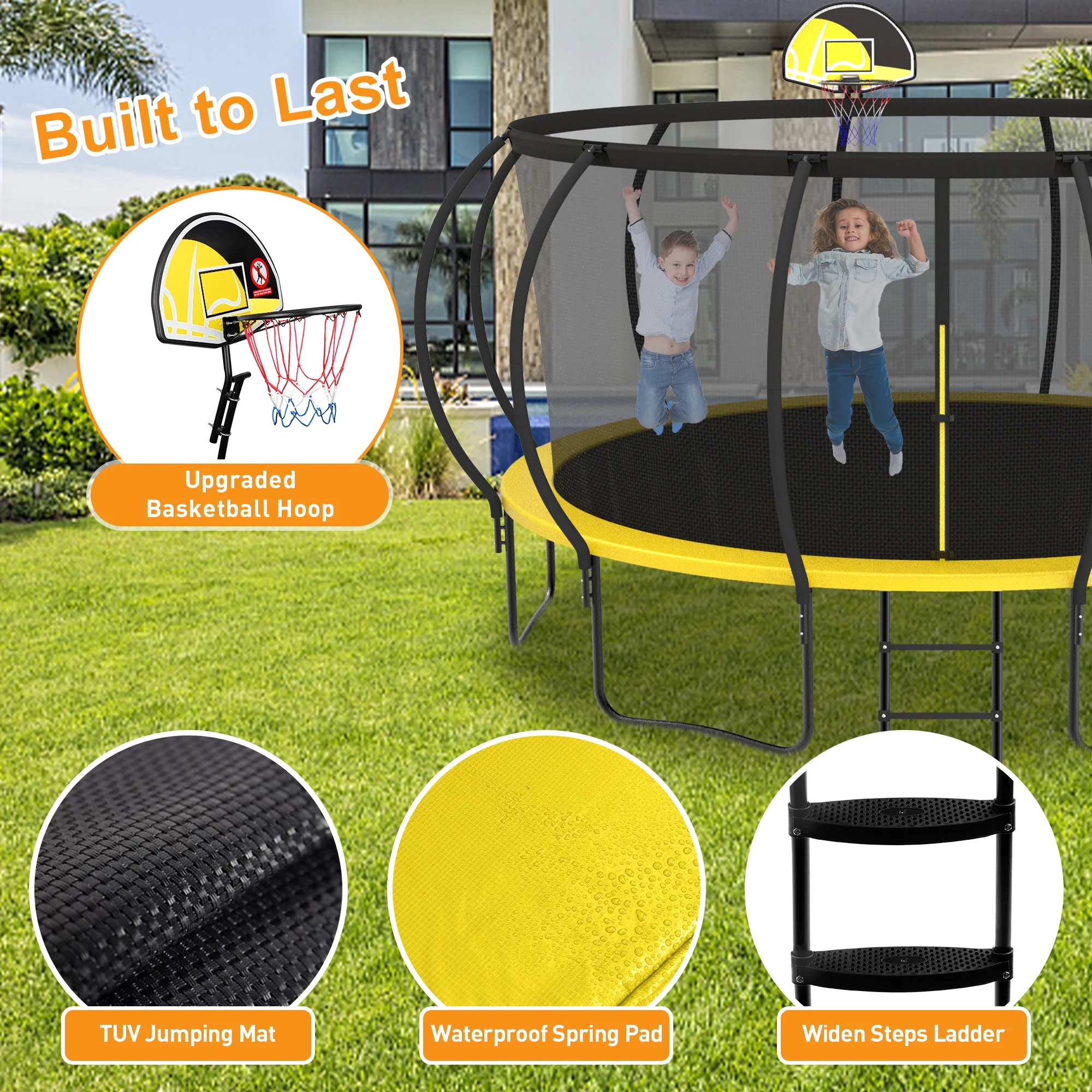KOFUN Trampoline with Basketball Hoop, 8FT 10FT 12FT 14FT 15FT 16FT Trampoline with Enclosure, Anchors Kit, Ladder, Heavy Duty Backyard Trampoline for Kids Adults, Galvanized Anti-Rust Coating, Black - Womvr