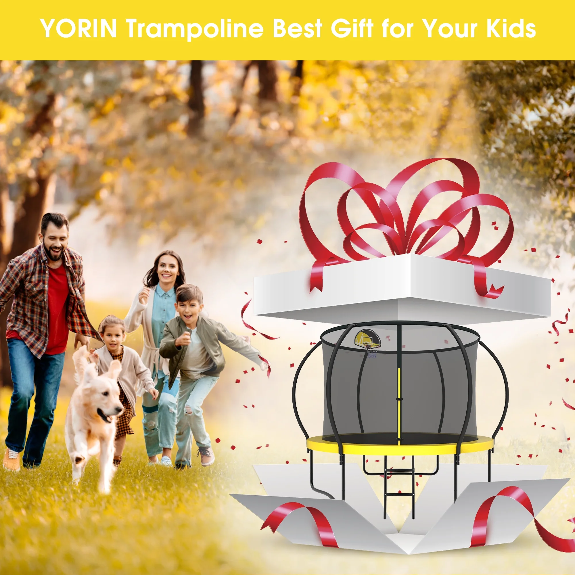 YORIN Trampoline for 2-3 Kids, 8FT 10FT Trampoline for Adults with Enclosure Net, Basketball Hoop, Ladder, 800LBS Outdoor Recreational Trampoline with Light, Sprinkler, Socks, Heavy Duty Trampoline - Womvr