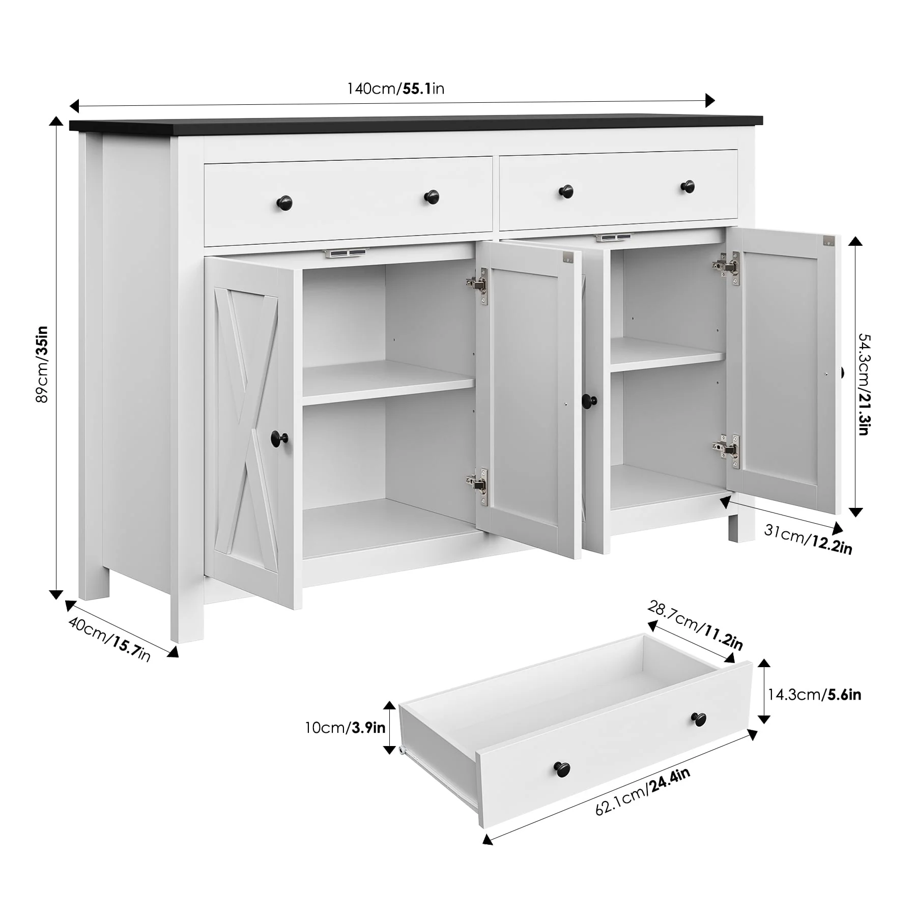 Homfa 4-Doors 2-Drawers Farmhouse Storage Cabinet, Wood Sideboard with Adjustable Shelves for Kitchen Dining Room, White - Womvr