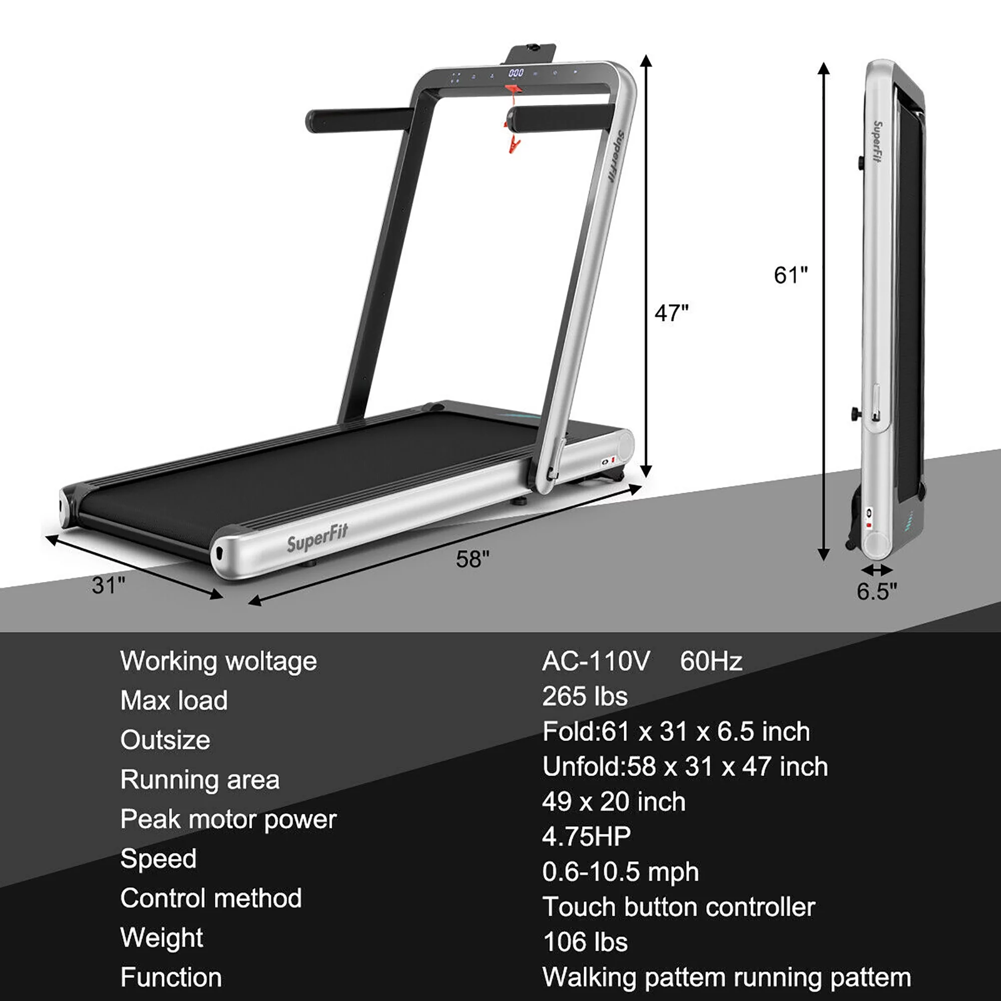 SuperFit 4.75HP 2 In 1 Folding Treadmill W/Remote APP Control White - Womvr