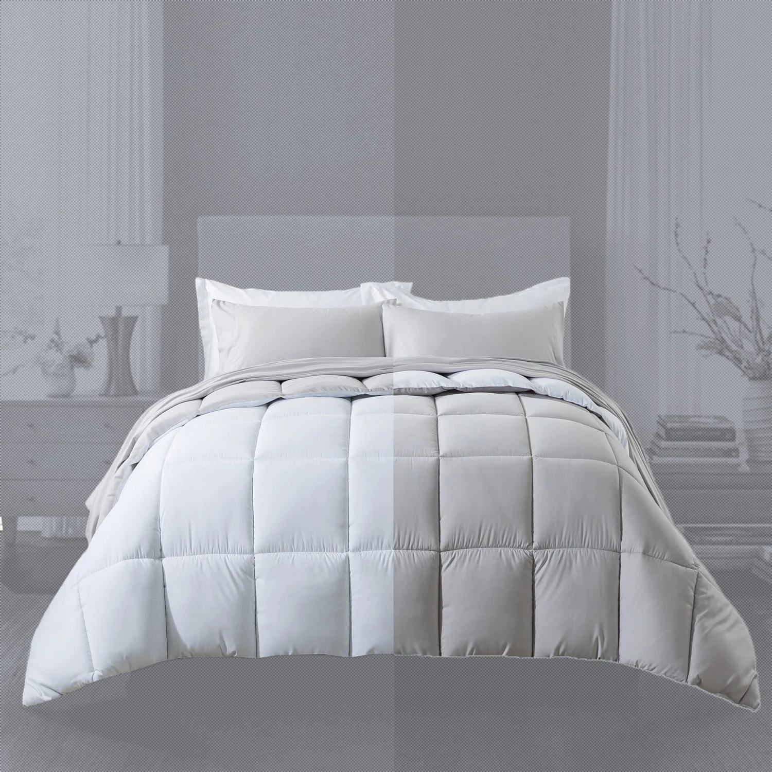 Downcool Queen Size Bed in a Bag 7 Piece Reversible Comforter Set | All-Season Bedding Sets, Adult, Unisex, White/Light Gray - Womvr