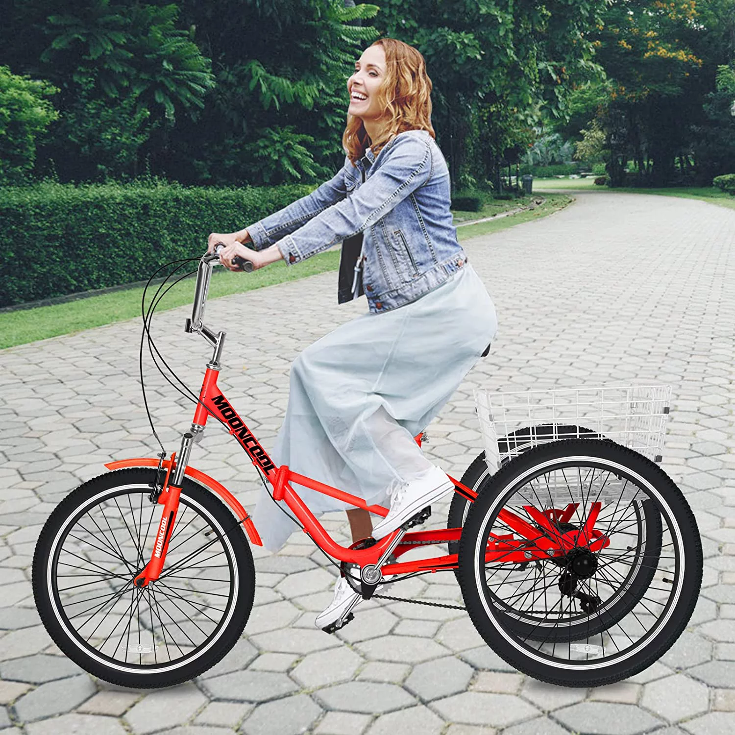 MOONCOOL Adult Folding Tricycle, 7 Speed 20/24/26 inch Adult Tricycles, Three Wheel Bike Cruiser Trike with Large Basket - Womvr