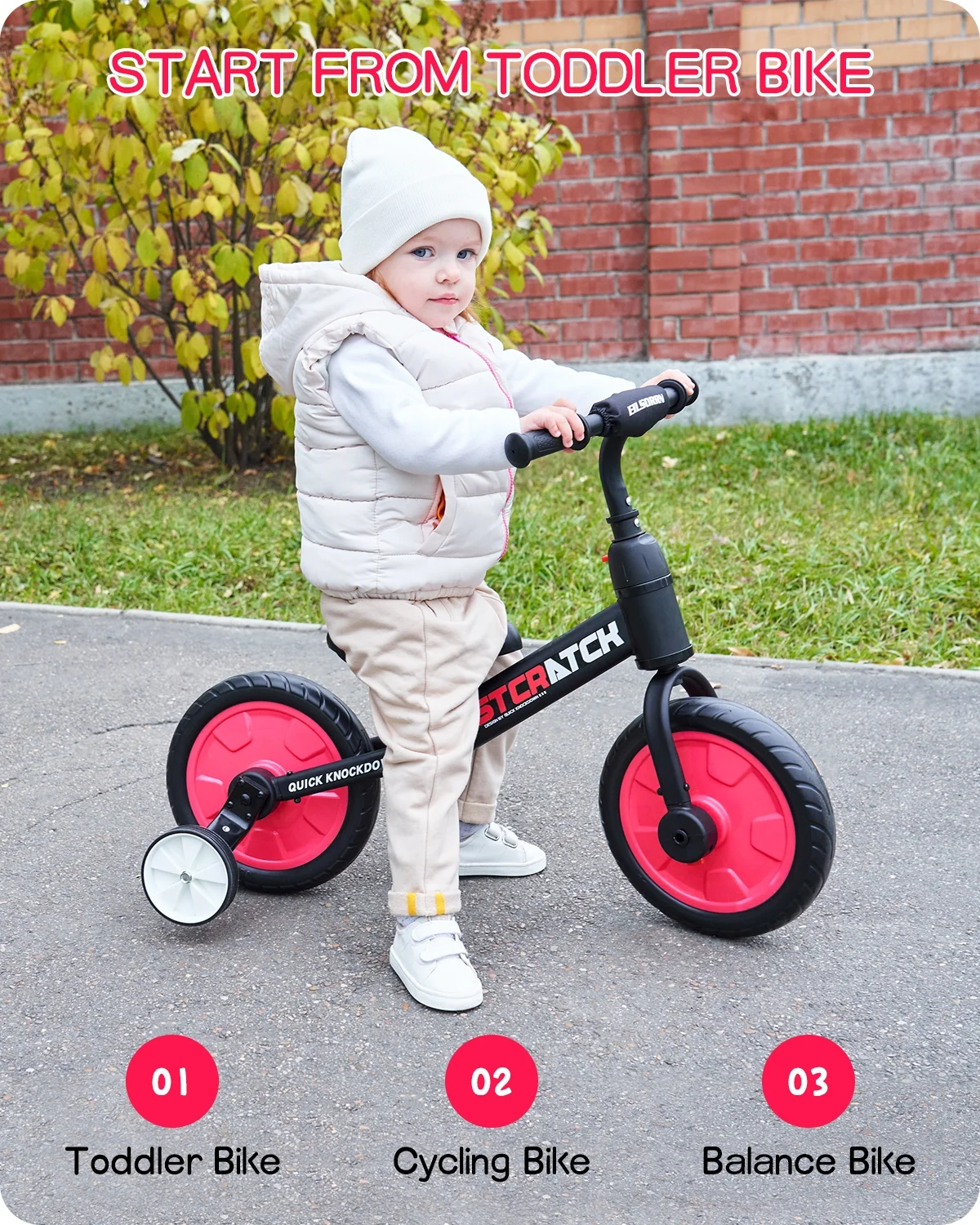 WLRETMCI Kid Balance Bike, 4 in 1 Toddlers Training Bicycle for 2-5 Years Old Boys Girls, Lightweight with Pedals and Training Wheels, Red Christmas Gifts - Womvr