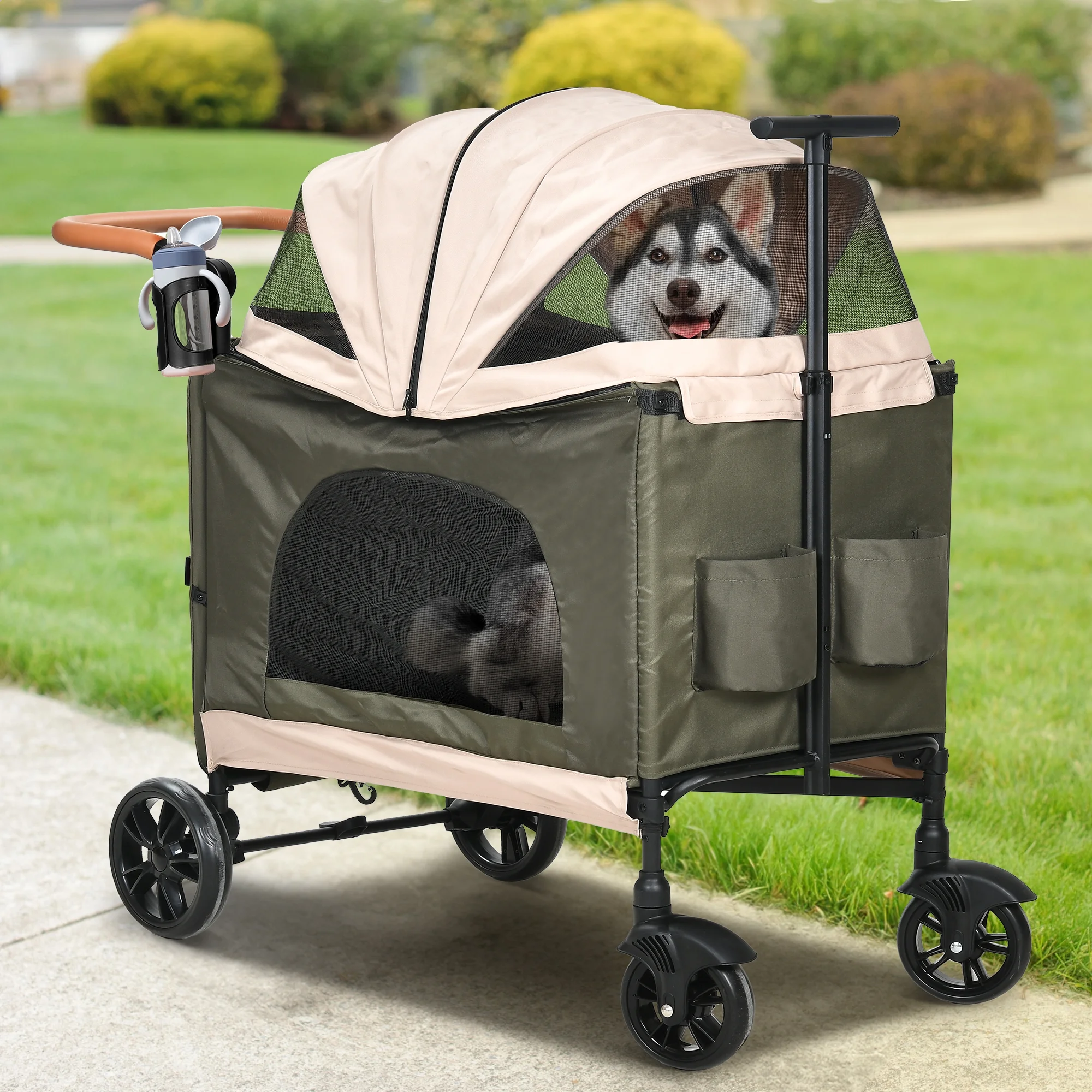 DWVO Dog Stroller for Large Medium Dogs, Upgraded Version with Larger Room, 4 Wheels Foldable Pet Stroller with 360�� Rotation Wheel, Cat Kitty Puppy Stroller with Storage Basket - Green & Pink - Womvr