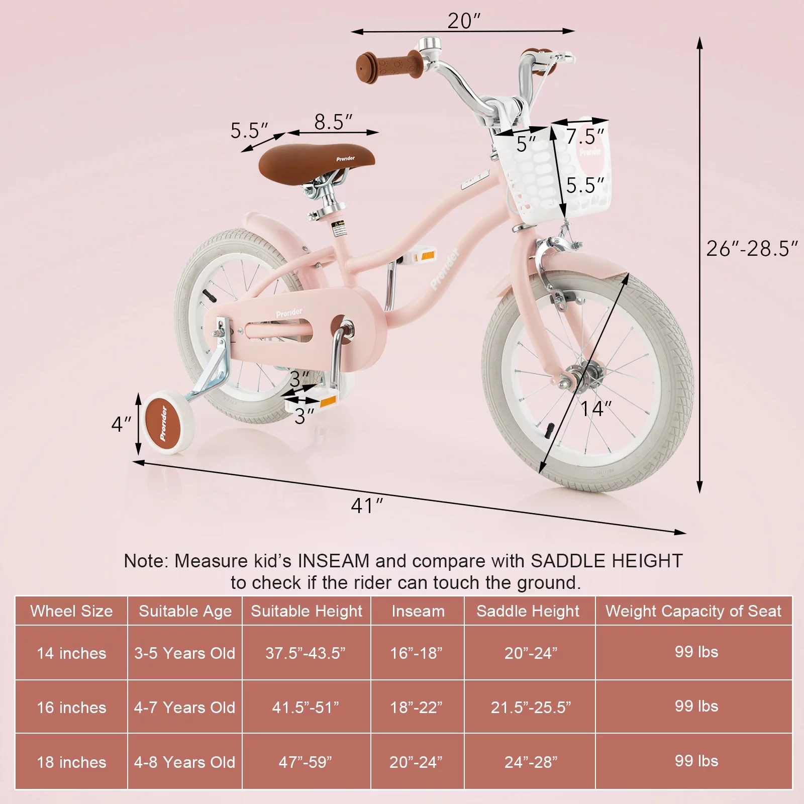 Costway 14'' Kid's Bike with Removable Training Wheels & Basket for 3-5 Years Old Pink - Womvr