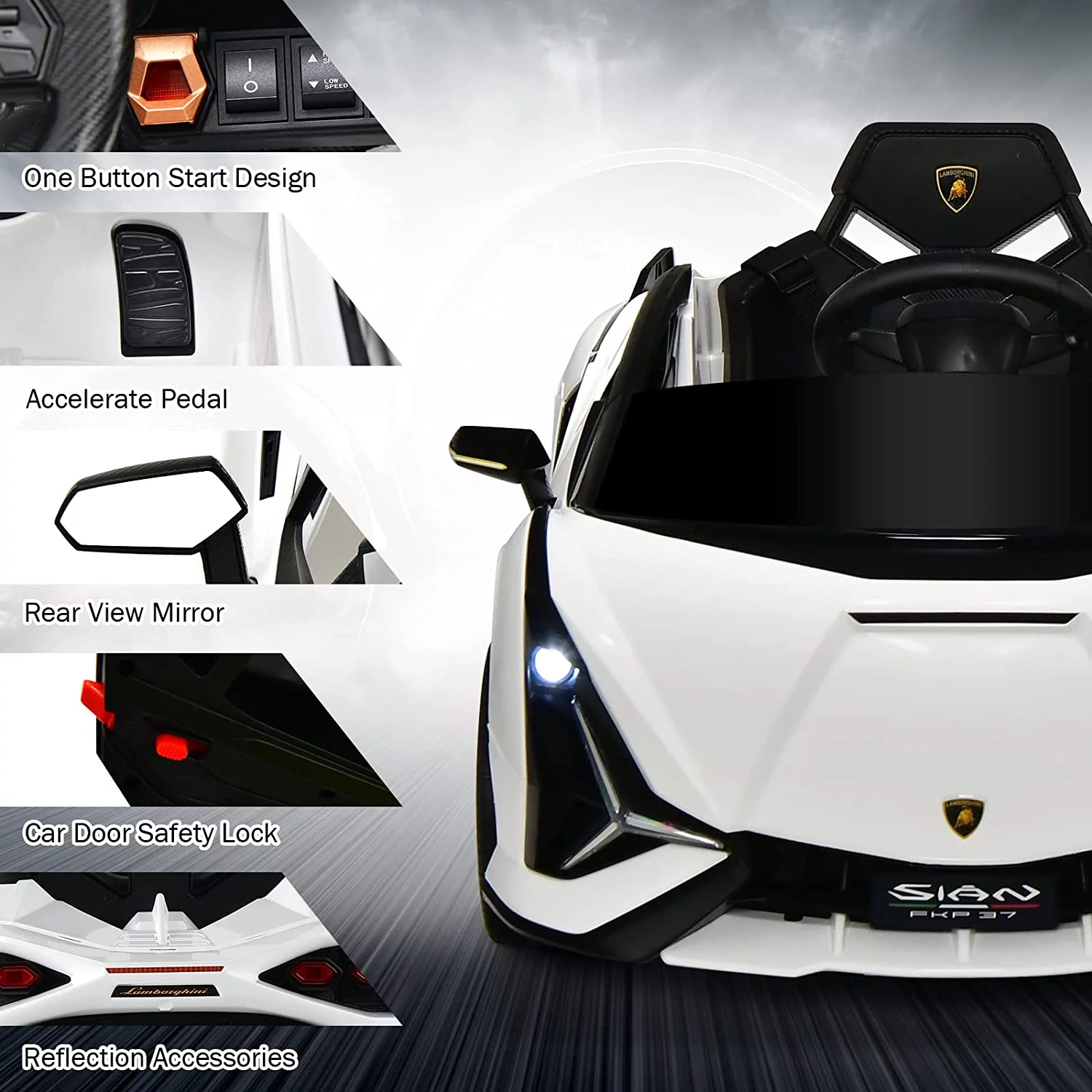 OLAKIDS 12V Licensed Lamborghini Sian Kids Ride On Car with Parent Remote Control, Spring Suspension, MP3 Player, Electric Toy Roadster Carbon Fiber Textured for Toddler (Black) - Womvr