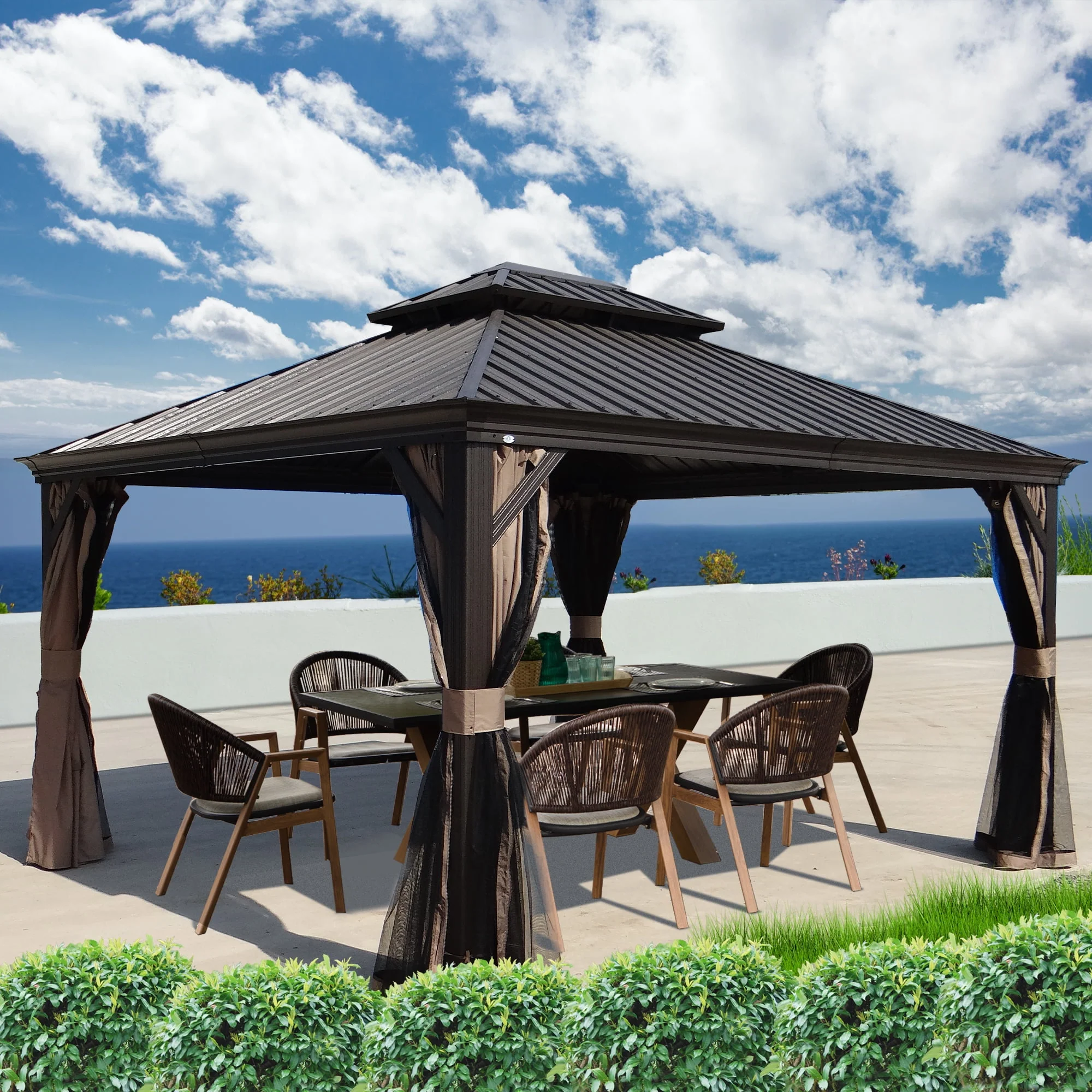 Kozyard Alexander Hardtop 12 ft. W x 10 ft. D Aluminum Hardtop Gazebo (Brown) - Womvr