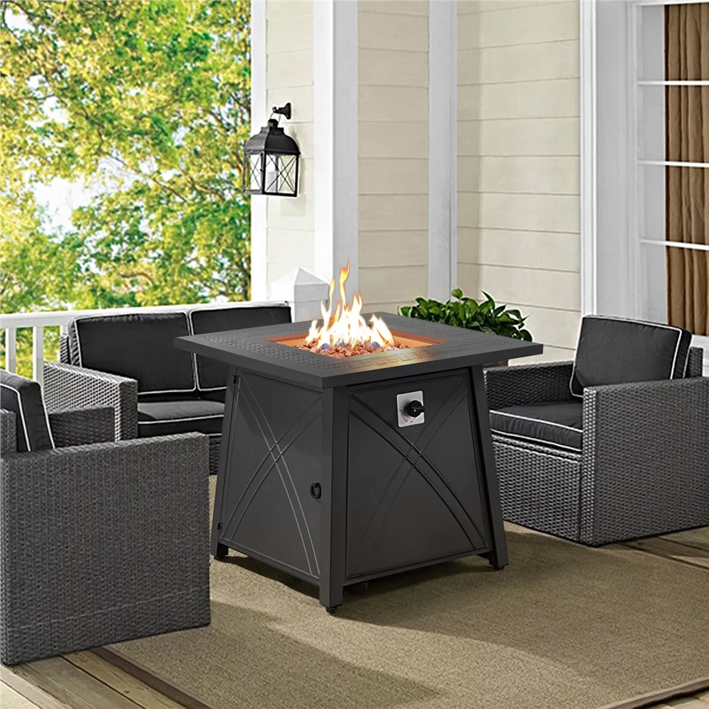 Topeakmart 28'' Square Propane Fire Pit Table 50,000 BTU with Lid & Iron Tabletop, Black - Womvr