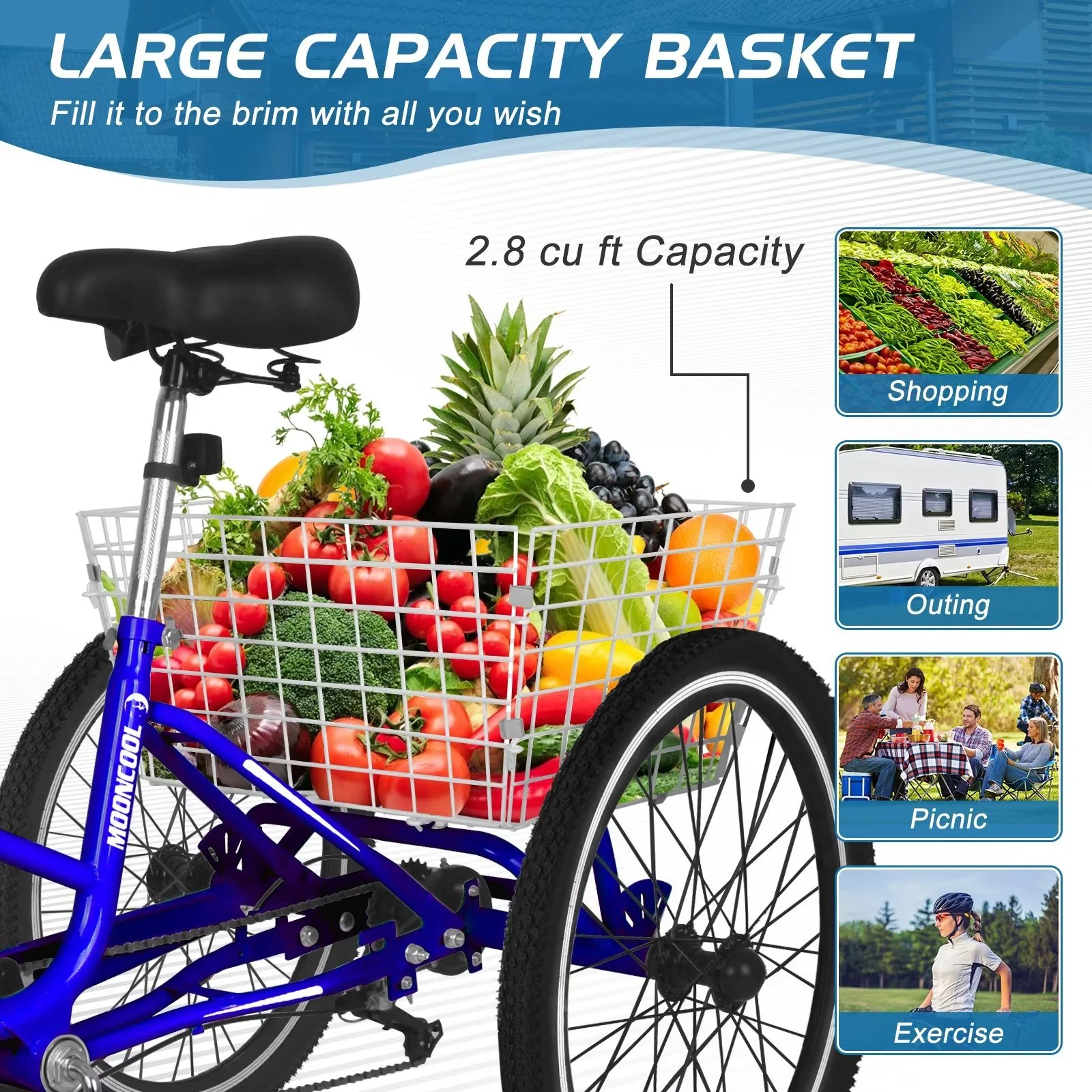 MOPHOTO 20/24/26 inch Adult Tricycle Folding 3 Wheel Cruiser Bikes 7 Speed, Portable and Foldable Trikes with Cargo Basket for Men & Women Outdoor Cycling, Purple - Womvr
